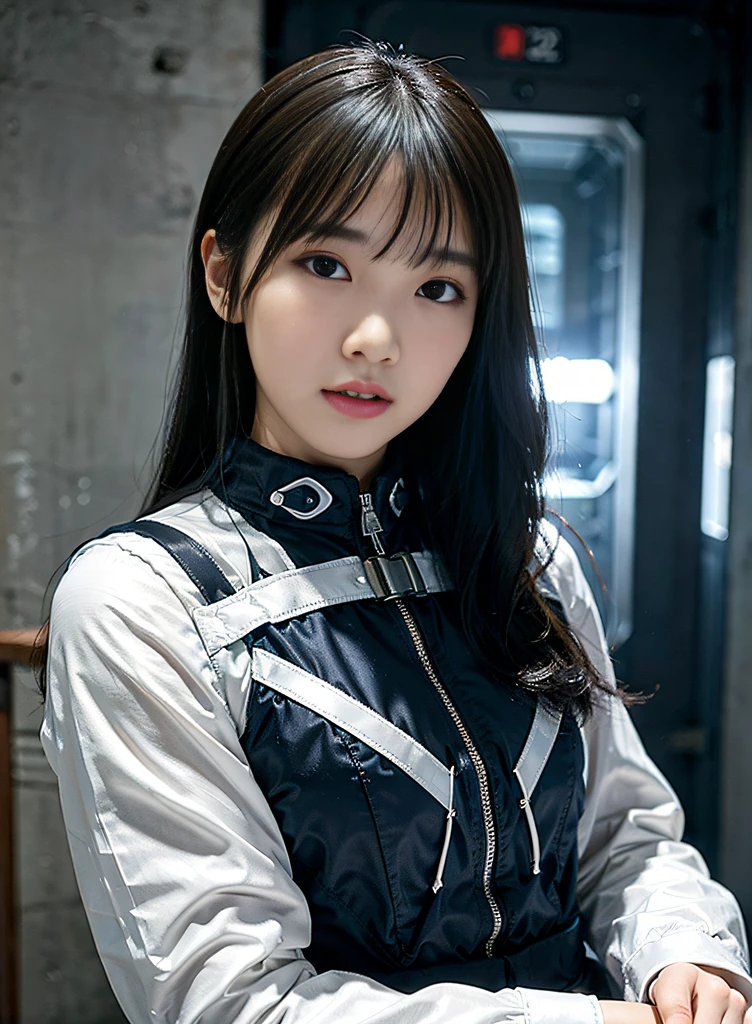Highest image quality, outstanding details, ultra-high resolution, (realism: 1.4), the best illustration, favor details, highly condensed 1girl, with a delicate and beautiful face, ((cowboy shot)), (wearing racing suit likes police uniform, black and gray mecha, military harness, holding a machinegun), background grey wall,