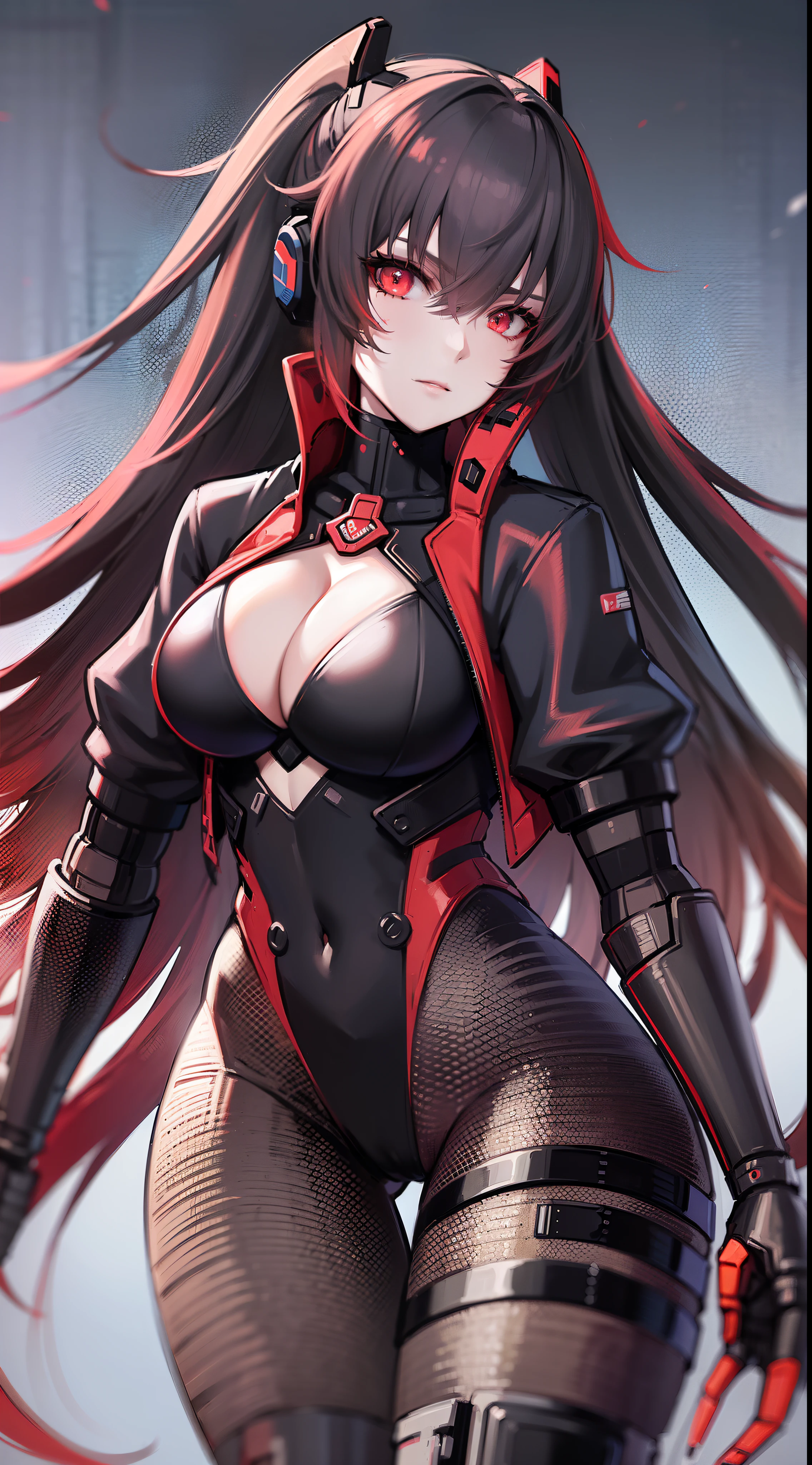 (best quality, masterpiece, anime) (solo) black hair, very long flowing hair, red eyes, thick thighs, huge breasts, muscular, athletic, full android body, (android mechanical arms:1.3), (android mechanical legs:1.2), (high-leg leotard:2.5, high-cut leg:2.7, one-piece:1.5, red:1.2, black:1.4, cleavage), (jacket, no sleeves, black:1.3, red:1.2), (pantyhose, black:1.1), gauntlet, toned body, 1 woman (age 30), sword hand, beautiful, sexy, lucia, Lucia_Crimson_Weave, redabyss,