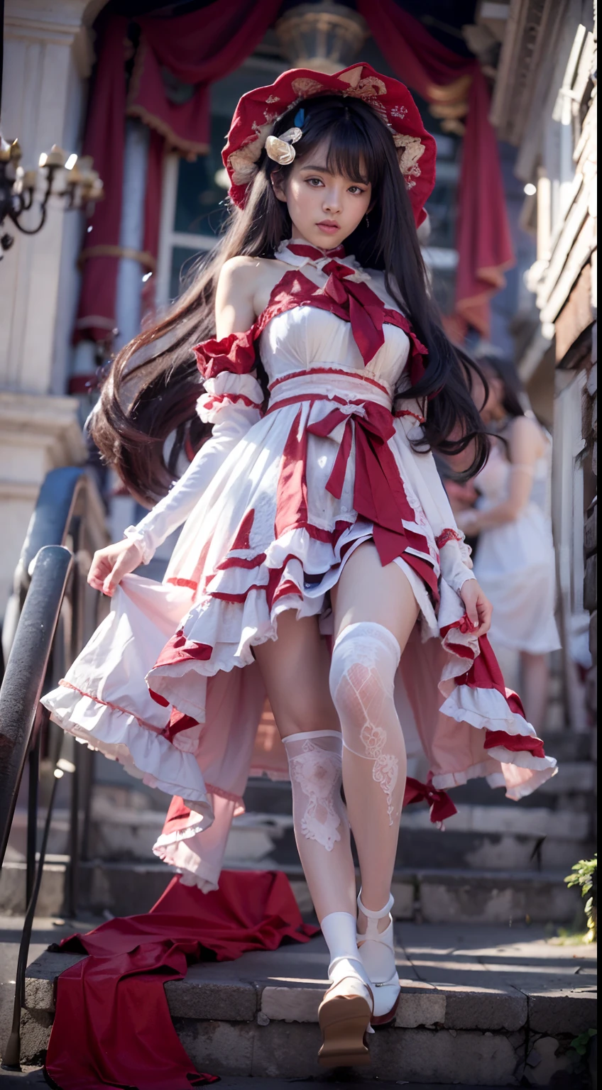 1womanl, 20yr old, (Ideal body proportions),(Focus above the calf), Modern old town view, ((ta costume)), (((Red muffler))), Wet, white skinned, slenderness, Dark hair, Long hair, beautifullegs, surrealism, Cinematic lighting, depth of fields, One-person viewpoint, f/1.8, 135 mm, NFFSW, masutepiece, ccurate, Anatomically correct, Textured skin, Super detail, High details, High quality, awardwinning, Best quality, A high resolution, 8K
