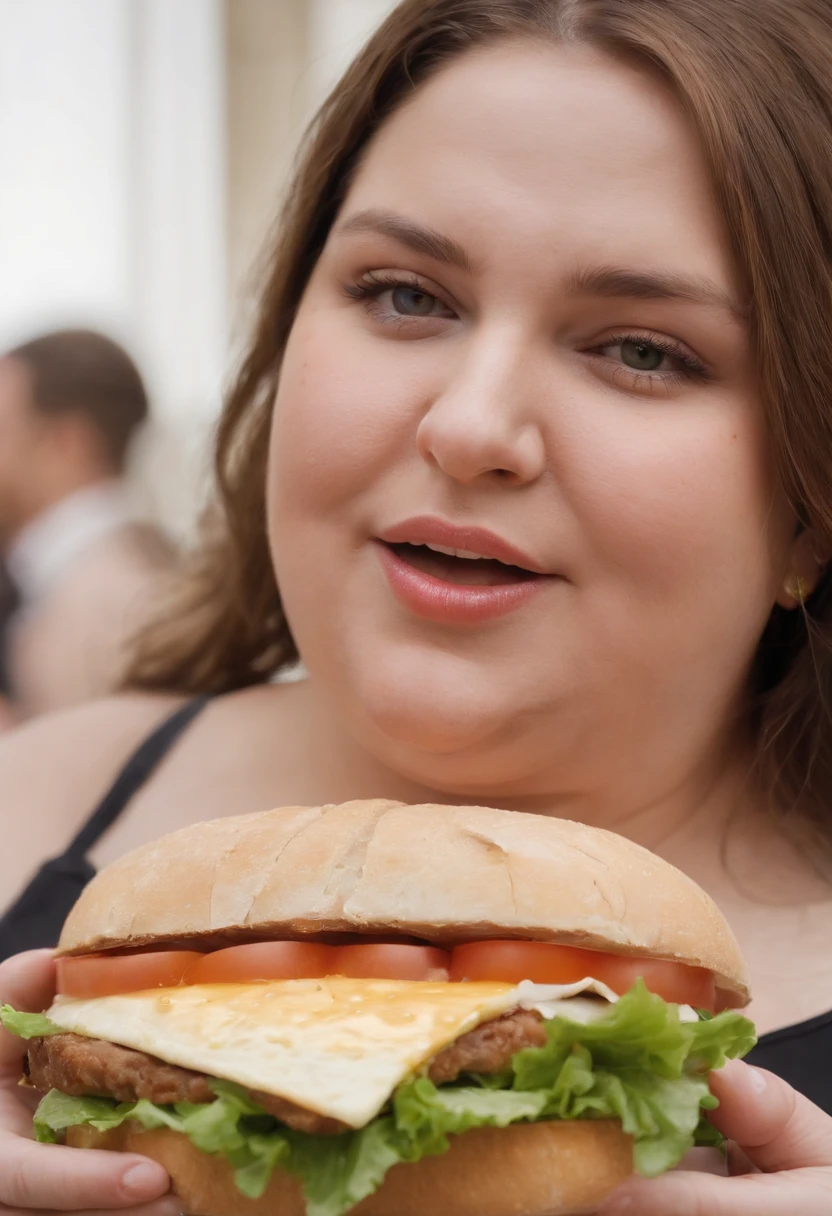 /imagine prompt: An obese woman has a tired countenance and is taking a bite of a double sandwich with cheese and lettuce, The environment is a busy cafeteria with several people around, The sound of lively conversations and soothing music creates a cheerful atmosphere, pintura, acrylic on canvas, --AR 16:9 --V 5