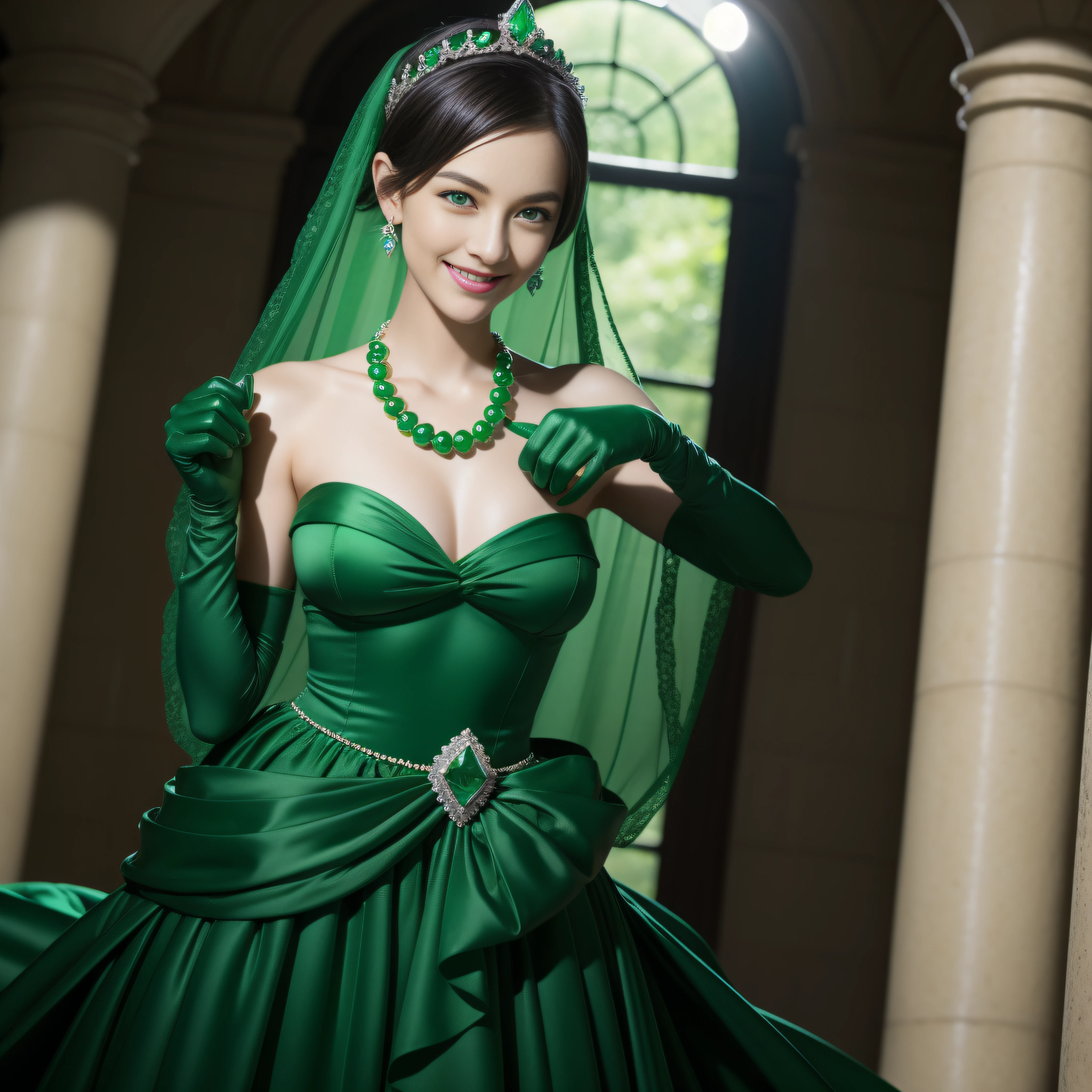 emerald tiara, Green Pearl Necklace, Boyish very short black hair, lipsticks, Japan woman smiling, very short short hair, big breasts beautiful, Green eyes, Long green gloves made of satin material, Green eyes, Emerald Earrings