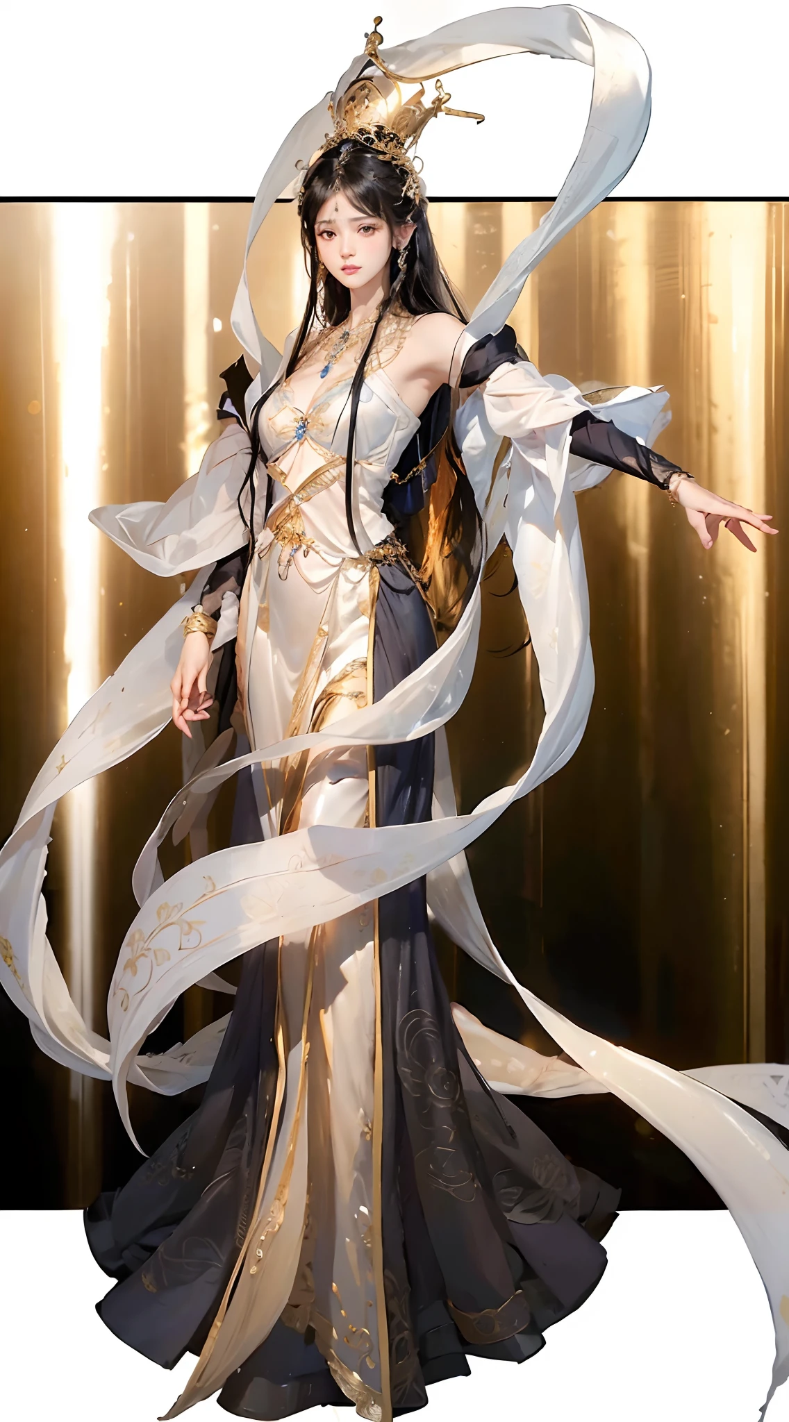 (highres),ultra-detailed, (realistic:1.37),
(portrait:1.1), 1 female, black hair, crown, floating shawl, big breasts, five detailed fingers, fingers, fingers, fingers, big breasts, breasts, breasts, (intense gaze), (long hair flow), (elegant pose),
(vivid colors), (soft lighting), (subtle shadows),
(black background), (magical atmosphere), (ethereal ambiance),
(dramatic composition), (expressive facial features),
(dainty jewelry), (flower accessories), (intricate patterns),
(fine brushwork), (delicate texture), (hyperrealistic rendering),
(fantasy elements), (mysterious aura).