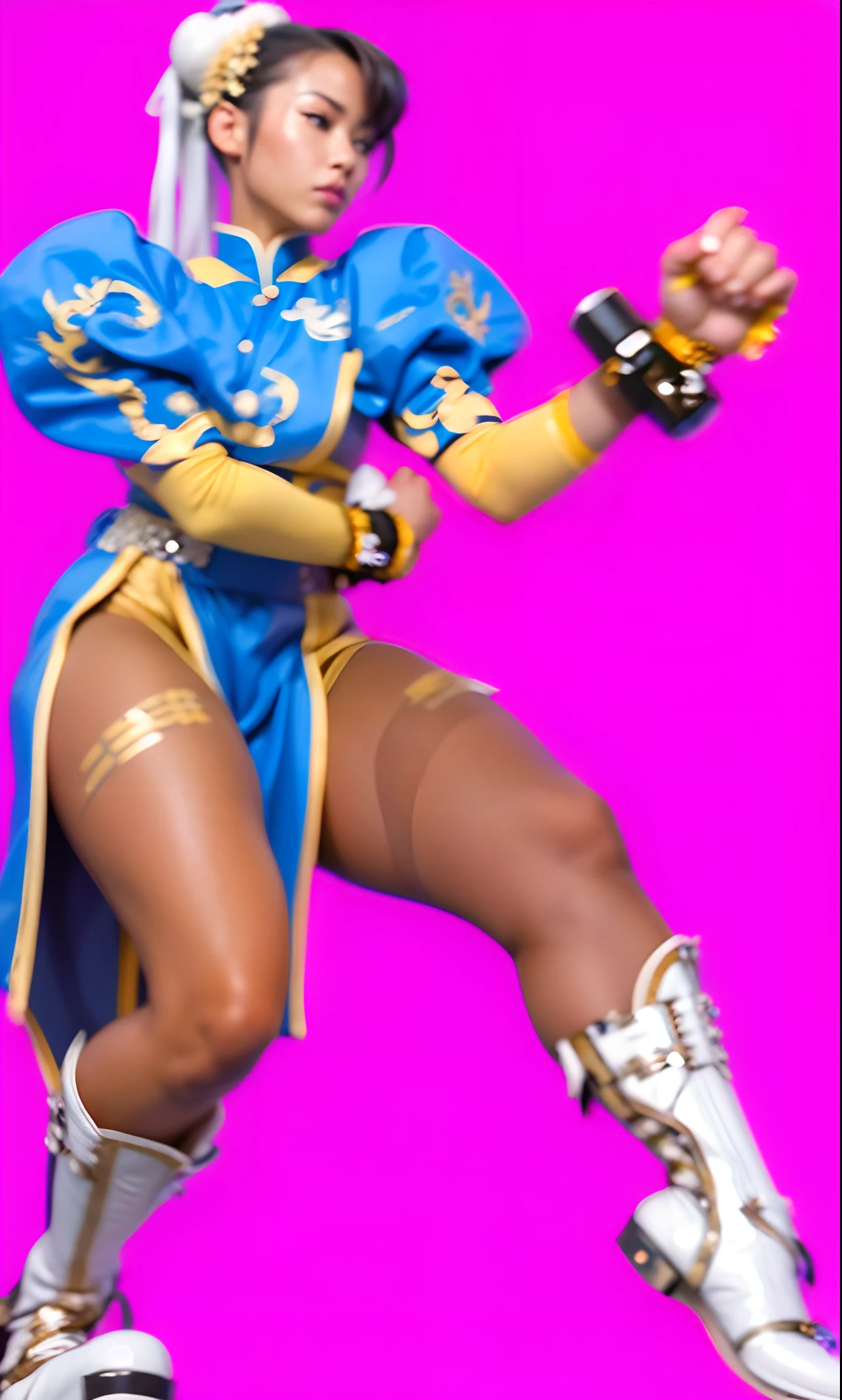 a close up of a young woman in a blue and gold qipao in a fighter pose, white leather boots, spike bracelets, clenched fist, black brown hair, white buns, white ribbons