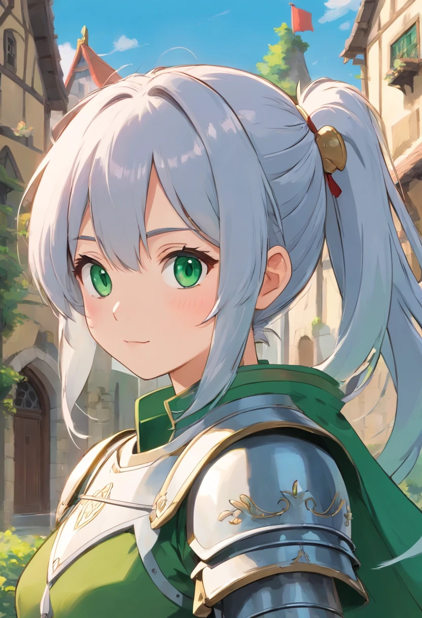 （8K，Best quality，style of anime）Silver-haired female knight，Green emerald pupils，High ponytail，Delicate facial features，The drawing style is similar to that of characters in anime，full bodyesbian，with a pure white background，Character design，quadratic element，Include a small amount of introductory text，Three views of people