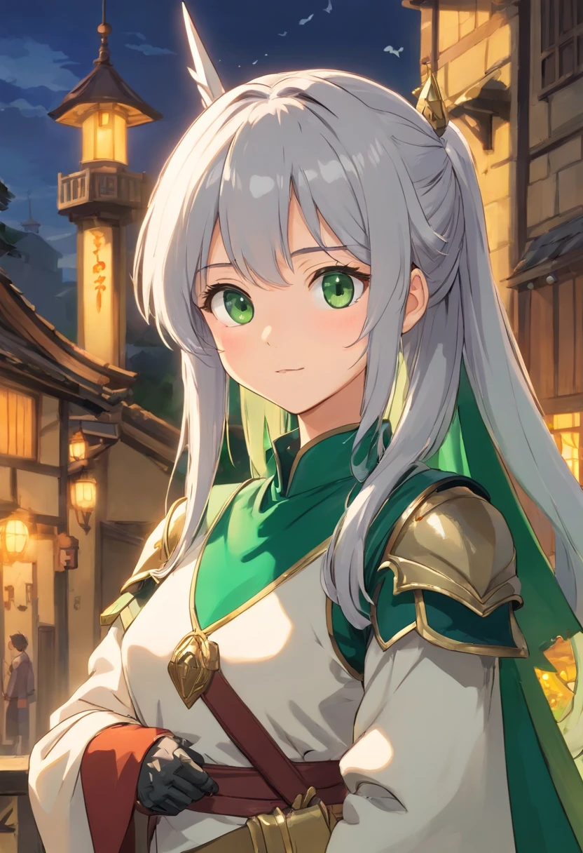 (8K,Best quality,style of anime)Silver-haired female knight,Green emerald pupils,High ponytail,Delicate facial features,The drawing style is similar to that of characters in anime,full bodyesbian,with a pure white background,Character design,quadratic element,Include a small amount of introductory text,Three views of people