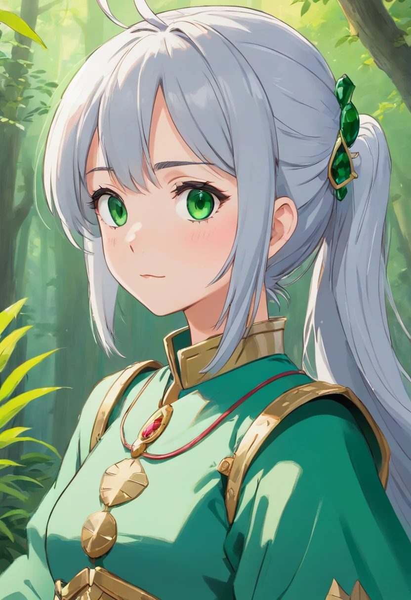 （8K，Best quality，style of anime）Silver-haired female knight，Green emerald pupils，High ponytail，Delicate facial features，The drawing style is similar to that of characters in anime，full bodyesbian，with a pure white background，Character design，quadratic element，Include a small amount of introductory text，Three views of people