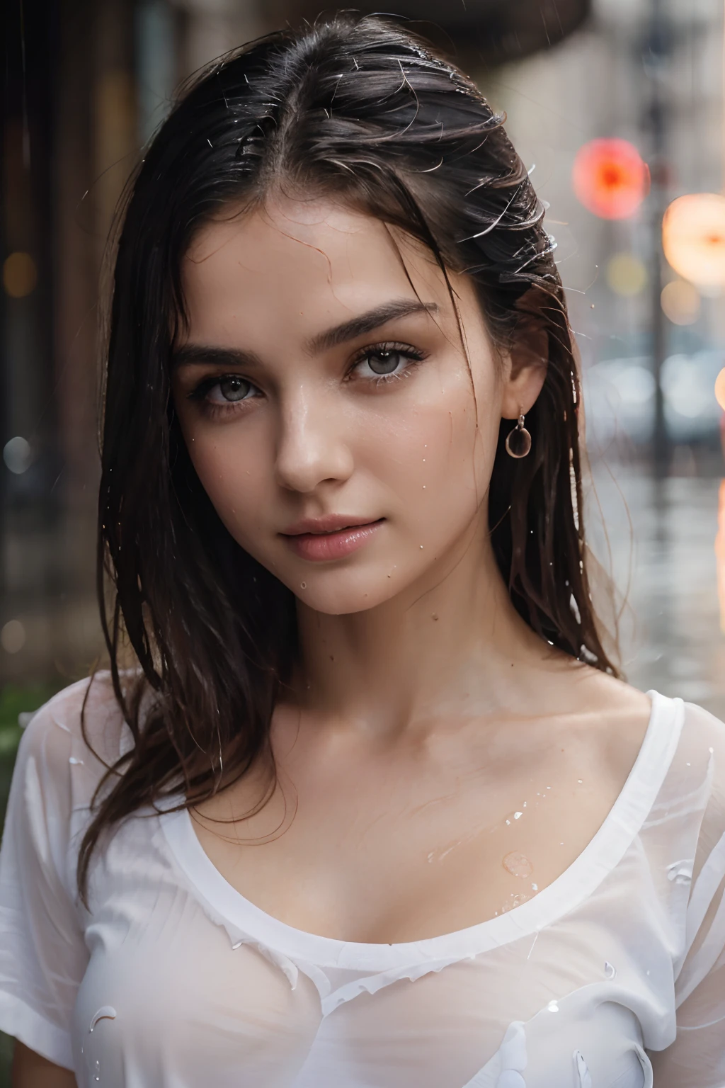 top-quality, masterpiece, 超A high resolution, Photorealsitic, Raw foto, ((one beautiful women)), 22year old, Detailed face, beautidful eyes, depth of fields, the city street, Wet in the rain, White T-shirt with V-neck, Wet and see-through t-shirt, small tits, Faint lips, wetting hair, a wet body, water drop on the skin, (See the viewer's eyes)