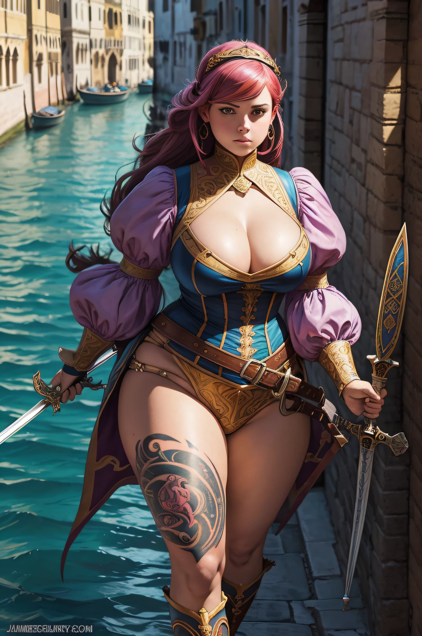 painting of a badass curvy cute renaissance rapier duelist woman by james gurney Laurie Greasley. ArtstationHQ. full body portrait. colorful renaissance fashion. puffy sleeves, colorful. Tattooed legs. buff, chubby, confident. medieval venice.