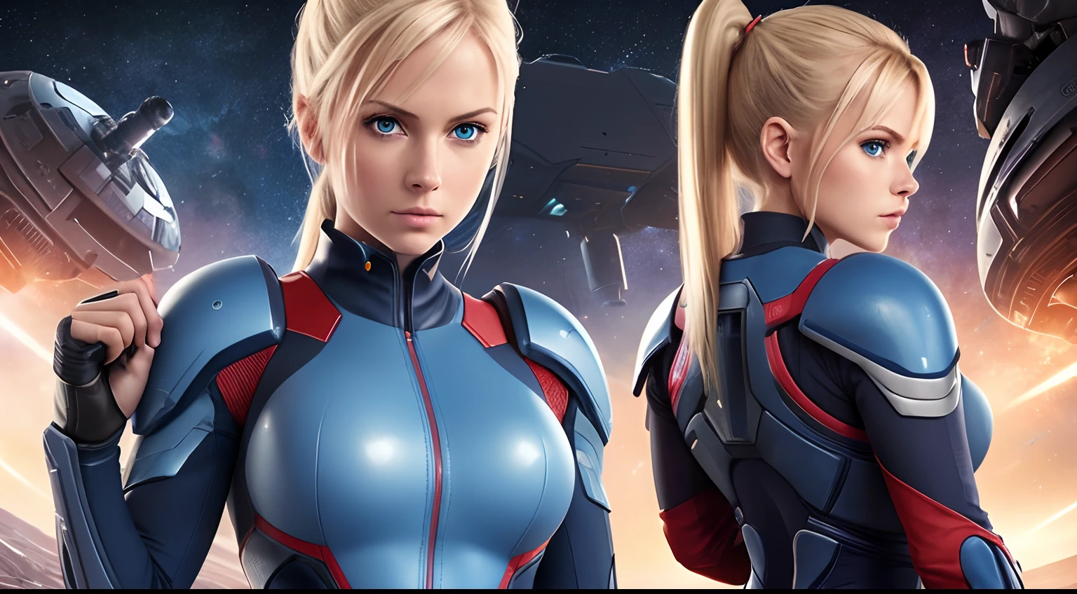 1girls blond blue eyes Female Star Warrior Delicate and beautiful face blushing face Blue pupils The lips open slightly HAIR LOIRO，High ponytail Busty Boobs Convex buttocks Dressed in a blue light  bodysuit，High-tech combat boots，Armed with a firearm，Weapons of the future，chest close-up，Close-up of buttocks，perfectly proportioned，samus aran，Detailed red and blue clothing details，space station，Interstellar battlefield，High-tech scene，detailed backgorund，high quailty，master-piece，8K，