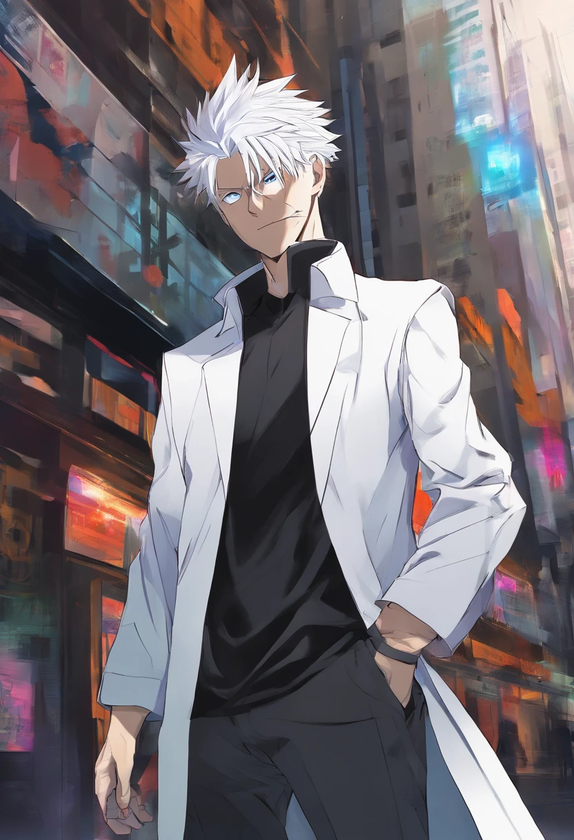 gojo satoru, jujutsu kaisen, anime, in the city, amazing, focused, ray of light, blue eyes, white hair, black shirt.
