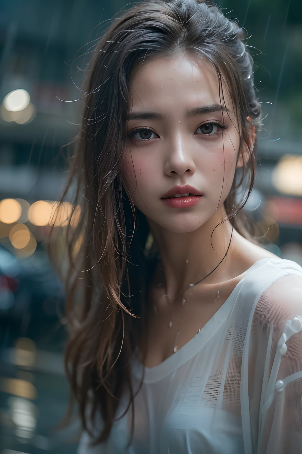 top-quality, masterpiece, 超A high resolution, Photorealsitic, Raw foto, ((one beautiful women)), 22year old, Detailed face, beautidful eyes, depth of fields, the city street, Wet in the rain, White T-shirt with V-neck, Wet and see-through t-shirt, small tits, Faint lips, wetting hair, a wet body, water drop on the skin, (See the viewer's eyes)