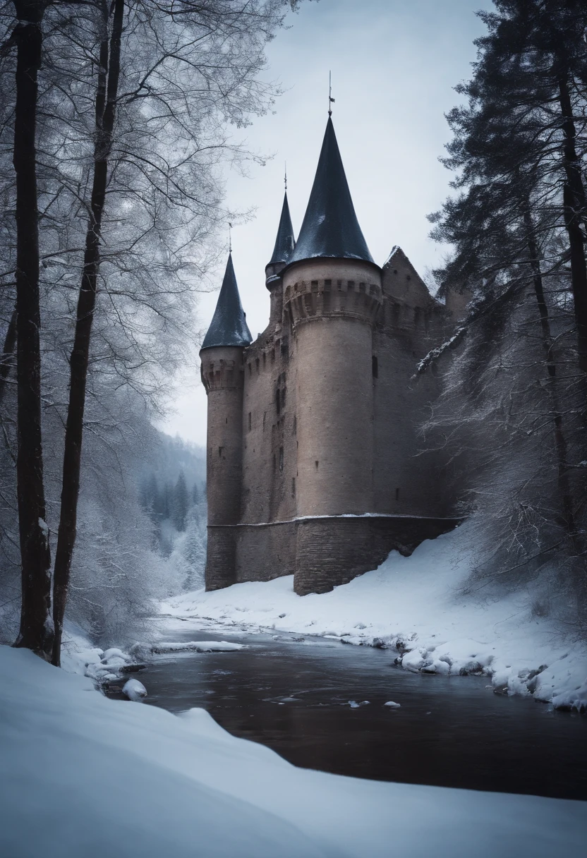 Abandoned castle in ruins in a frozen valley