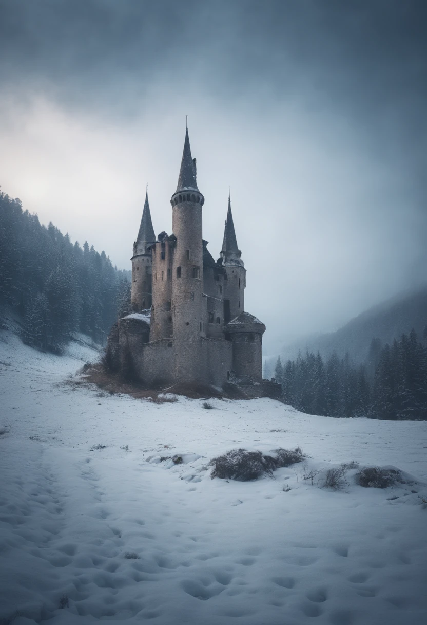 Abandoned castle in ruins in a frozen valley