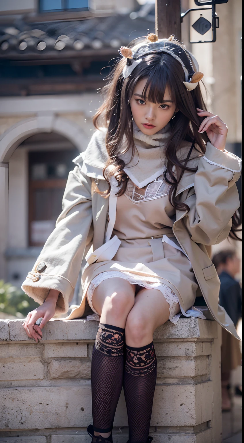 1womanl, 20yr old, (Ideal body proportions),(Focus above the calf), Modern old town view, ((ta costume)), (((Red muffler))), Wet, white skinned, slenderness, Dark hair, Long hair, beautifullegs, surrealism, Cinematic lighting, depth of fields, One-person viewpoint, f/1.8, 135 mm, NFFSW, masutepiece, ccurate, Anatomically correct, Textured skin, Super detail, High details, High quality, awardwinning, Best quality, A high resolution, 8K