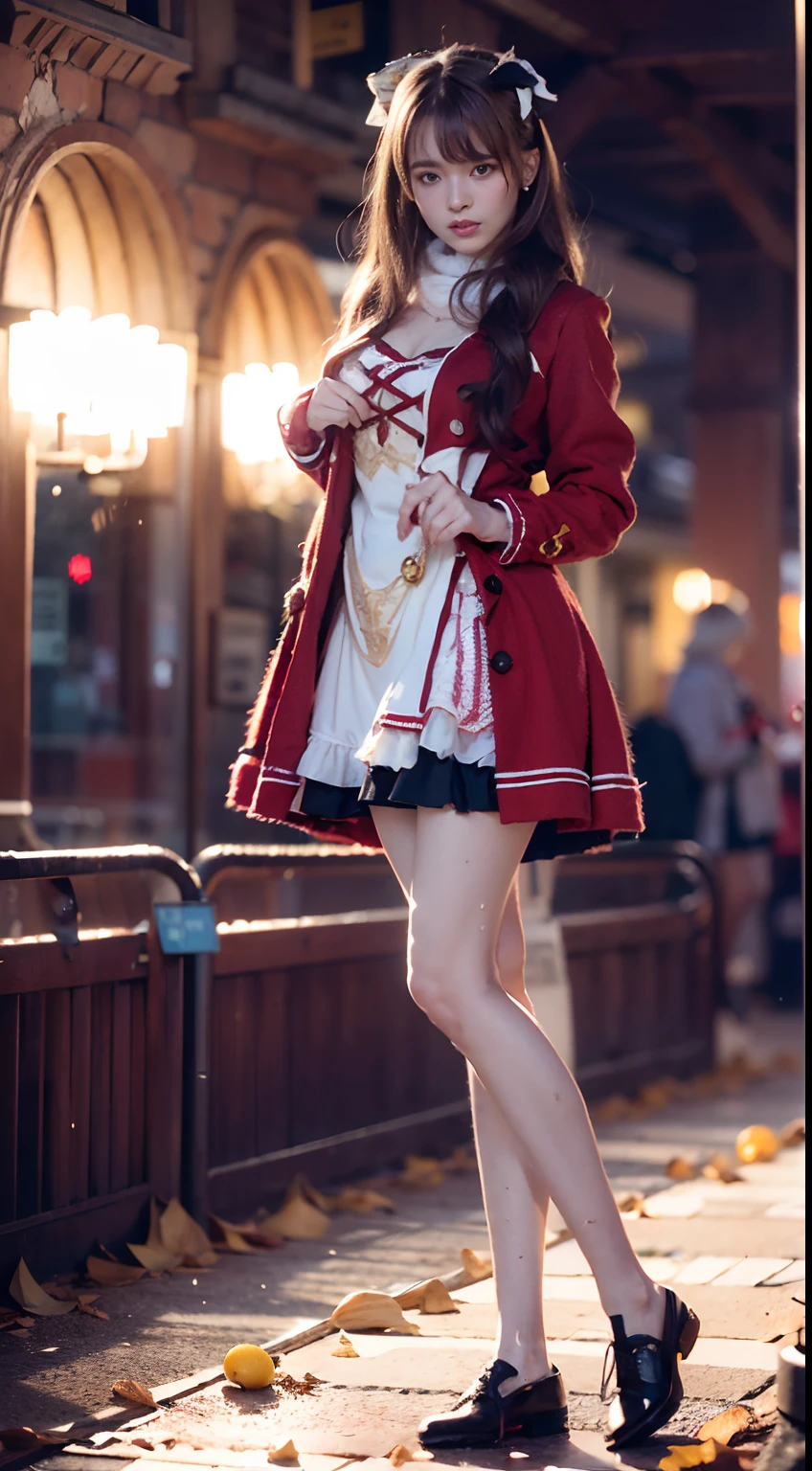 1womanl, 20yr old,  (Ideal body proportions),(Focus above the calf)， Modern old town view, ((ta costume)), (((Red muffler))), Wet,  white skinned, slenderness, Dark hair, Long hair, beautifullegs,  surrealism, Cinematic lighting, depth of fields, One-person viewpoint, f/1.8, 135 mm, NFFSW, masutepiece, ccurate, Anatomically correct, Textured skin, Super detail, High details, High quality, awardwinning, Best quality, A high resolution, 8K
