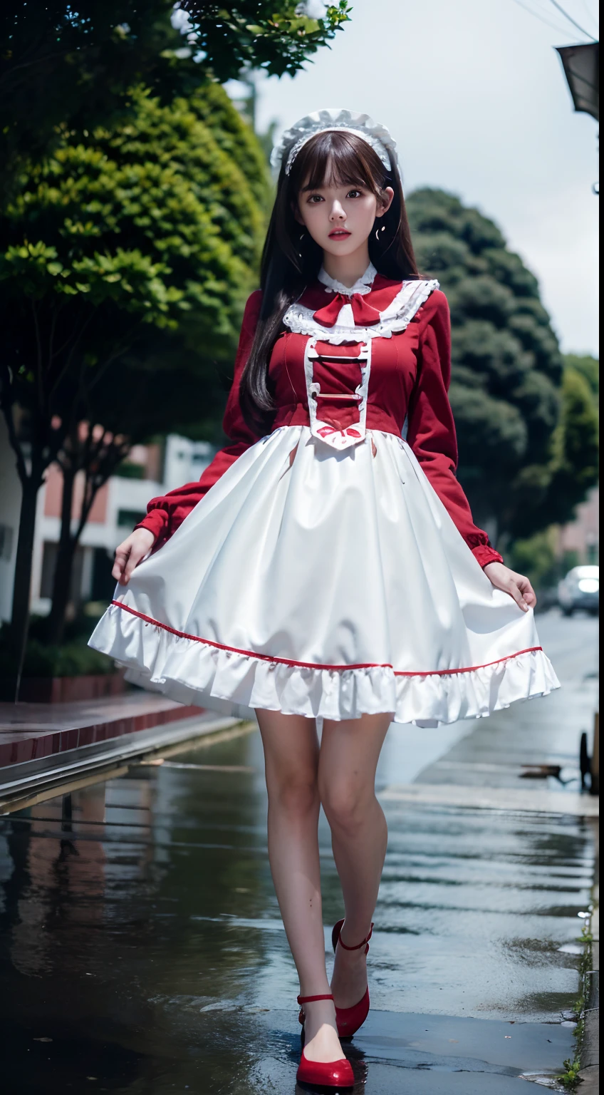 1womanl, 20yr old,  (Ideal body proportions),(Focus above the calf)， Modern old town view, ((ta costume)), (((Red muffler))), Wet,  white skinned, slenderness, Dark hair, Long hair, beautifullegs,  surrealism, Cinematic lighting, depth of fields, One-person viewpoint, f/1.8, 135 mm, NFFSW, masutepiece, ccurate, Anatomically correct, Textured skin, Super detail, High details, High quality, awardwinning, Best quality, A high resolution, 8K
