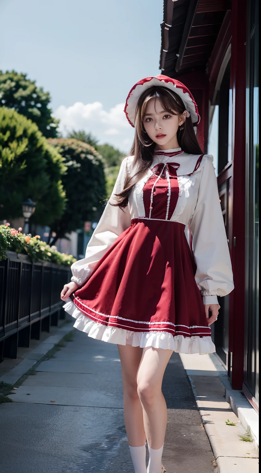 1womanl, 20yr old, (Ideal body proportions),(Focus above the calf), Modern old town view, ((ta costume)), (((Red muffler))), Wet, white skinned, slenderness, Dark hair, Long hair, beautifullegs, surrealism, Cinematic lighting, depth of fields, One-person viewpoint, f/1.8, 135 mm, NFFSW, masutepiece, ccurate, Anatomically correct, Textured skin, Super detail, High details, High quality, awardwinning, Best quality, A high resolution, 8K