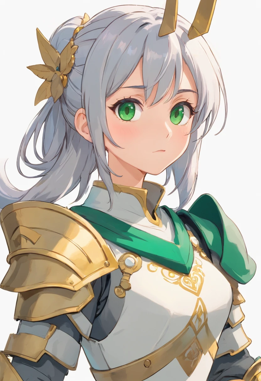 （8K，Best quality，style of anime）Silver-haired female knight，Green emerald pupils，High ponytail，is dressed in armor，Delicate facial features，The drawing style is similar to that of characters in anime，You can see the whole body，with a pure white background，Character design，quadratic element，Include a small amount of introductory text，Three views of people