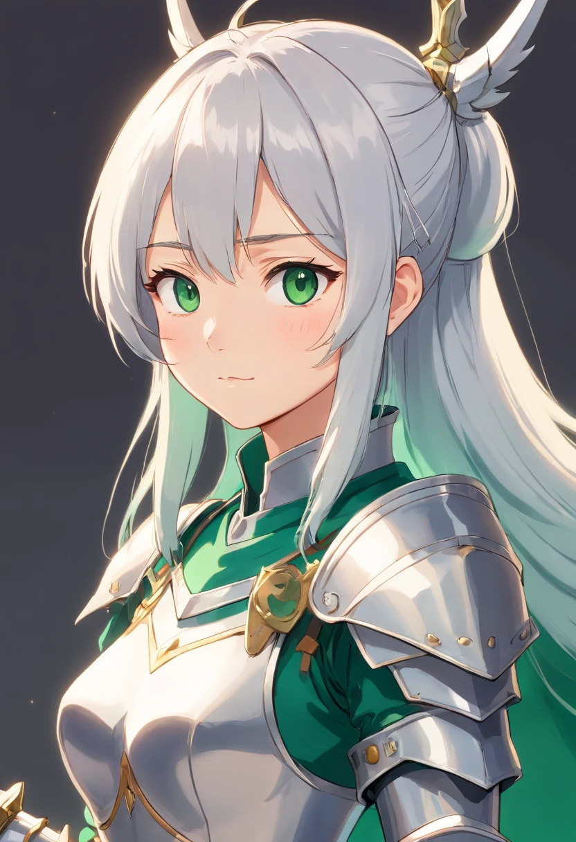 (8K,Best quality,style of anime)Silver-haired female knight,Green emerald pupils,High ponytail,is dressed in armor,Delicate facial features,The drawing style is similar to that of characters in anime,You can see the whole body,with a pure white background,Character design,quadratic element,Include a small amount of introductory text,Three views of people