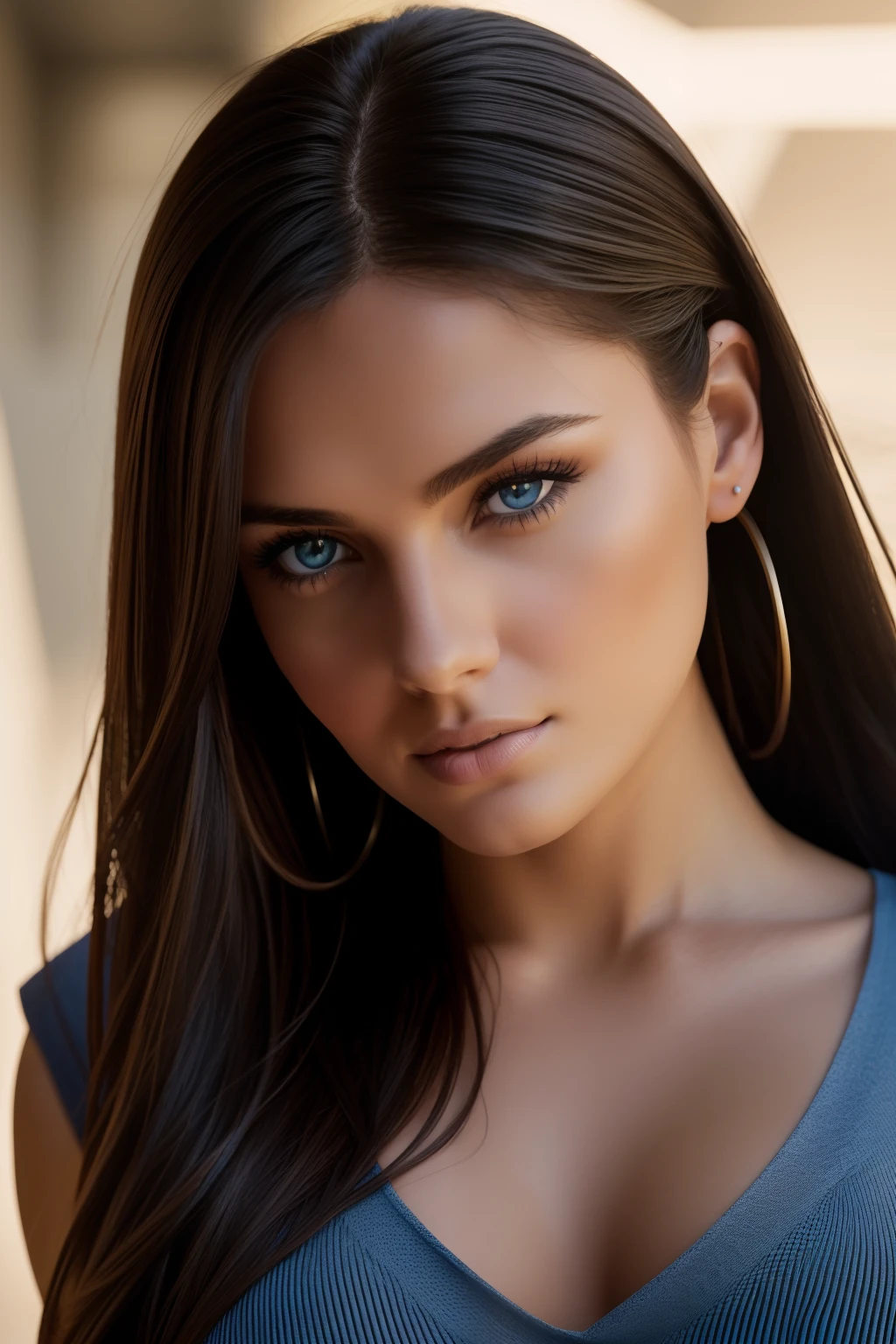 portrait photography of a stunning Brunette girl, wearing a small top, hair pony tale, blue eyes, heavy bust 36DD, looks into the camera, symmetrical eyes, symmetrical face, photorealistic, photography, path tracing, soft light, specular lighting, volumetric face light, path traced hair, intricate, elaborate