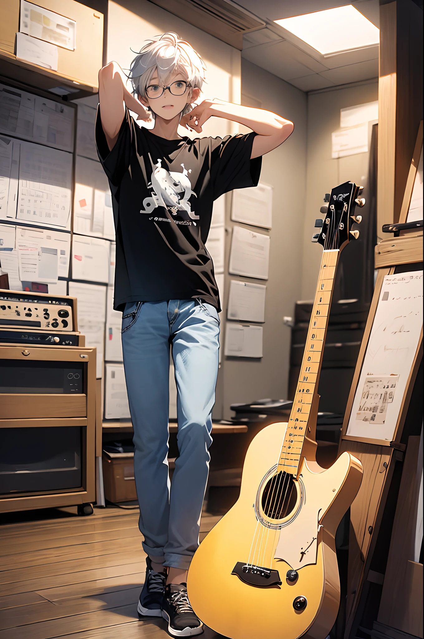 Masterpiece, Best quality, Masterpiece,Best quality,offcial art,Extremely detailed Cg Unity 8K wallpaper, 19years old、Tall，Male college student、the guitar player、with short white hair、black-frame glasses，black t-shirts，White pigeon pattern、denim pant、Rehearsal room