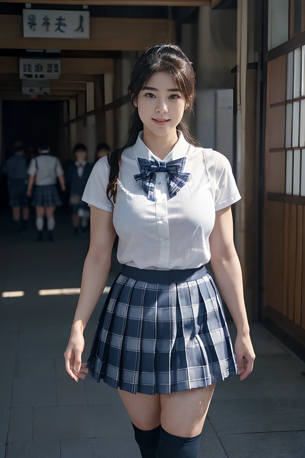 (Raw photography:1.5),(top-quality:1.5)、(masuter piece:1.5)、(hight resolution:1.5)、(Raw photography:1.5),(Photorealsitic:1.38)、(foco nítido:1.5)、
japanes、17 only、One girl、((Cowboy Shots:1.2)),((Body Like a Male Bodybuilder:1.8))、((Tall looking far below of a young man:1.8)),((Thick arms with sculpted muscles:1.28)),((long legged:1.4)),((Sculpted muscular thick thighs:1.65)),((large full breasts:1.2))、
((fair white skin))、
((Delicate and perfect beautiful face,beatiful detailed eyes、big eye、二重まぶた、Smiling))、
((Japan girl uniform、White short-sleeved shirt、a bow tie、Navy Blue Plaid Pleated Skirt、Dark blue high socks:1.2)),((hime-cut)),
((Walking side by side with a man、Stand your arms and hands next to your body:1.2))、
((school hallway、In the crowd))、
looking at the viewers、Facing the audience,The dim、