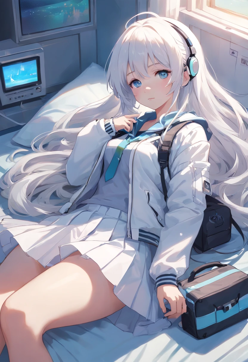 White hair,Lolita skirt,Sleep peacefully on the bed , girl , white techwear open jacket , white long hair, ocean blue eyes, rabbit design bag , headset on neck