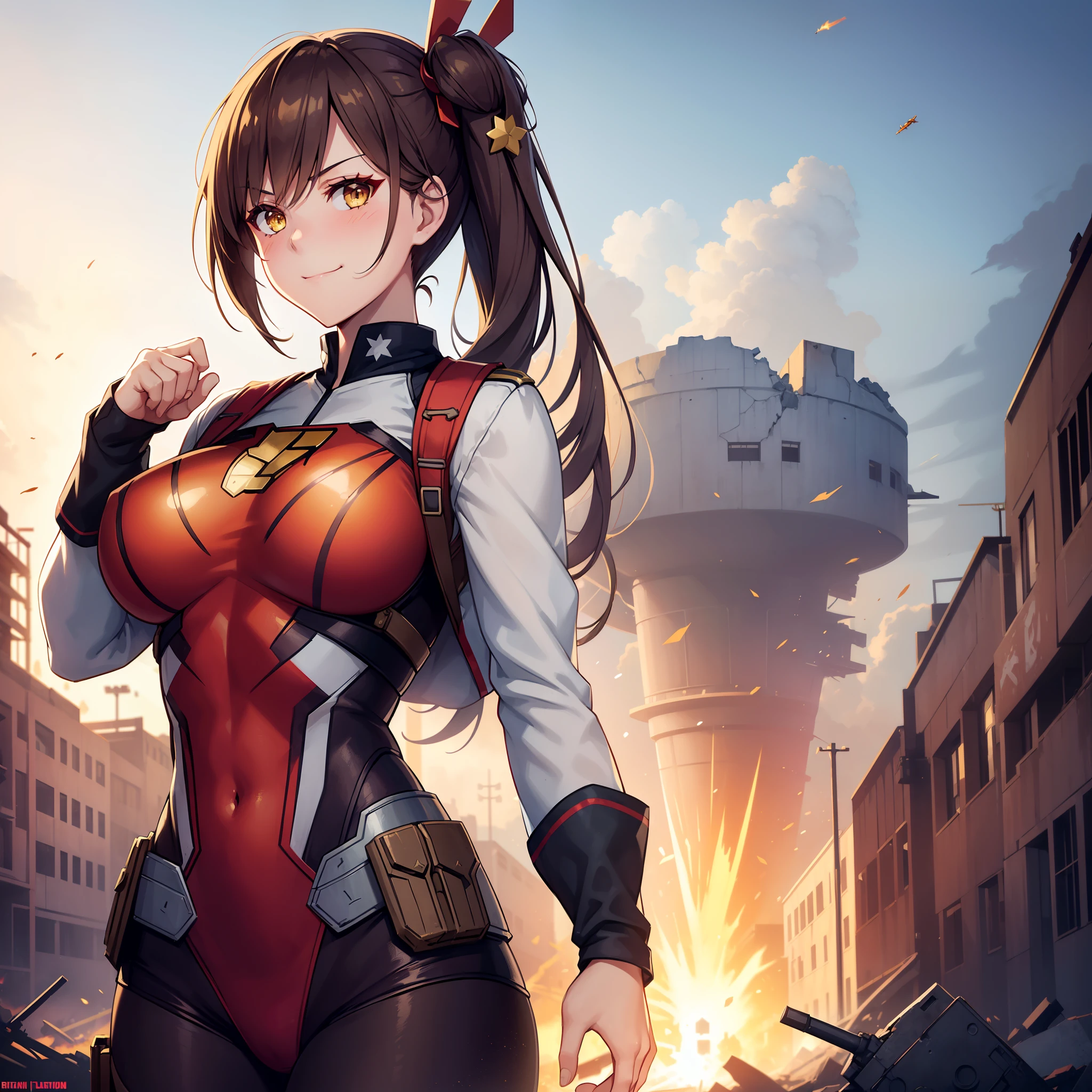 1girl,Zuikaku,gigantic breasts,superhero pose,standing in ruined city,(8k),scratches,detailed face,brown hair,yellow eyes,very long hair,embarassed,small smile face, side ponytail,orange eyeshadow,hair ornament, high_res, high_definition,the battlefield, (Captain America Custom 1:1),