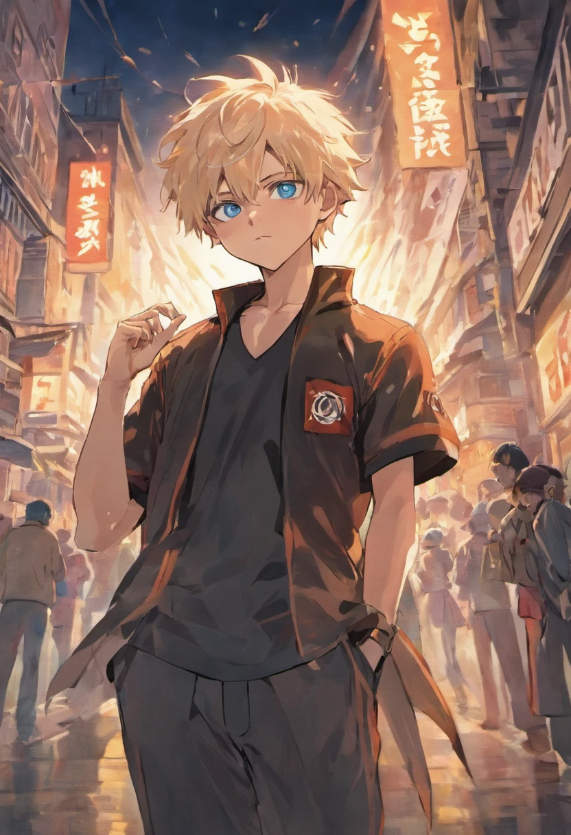 gojo satoru, jujutsu  kaisen, anime, in the city, amazing, focused, ray of light, blue eyes, white hair, black shirt, in the battlefield, powerfull magic aura.