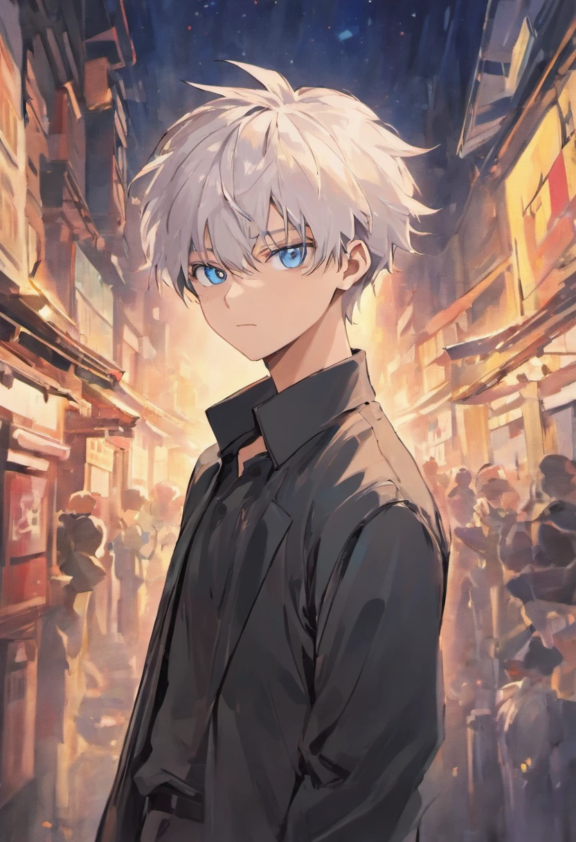 gojo satoru, jujutsu kaisen, anime, in the city, amazing, focused, ray of light, blue eyes, white hair, black shirt, in the battlefield, powerfull magic aura.