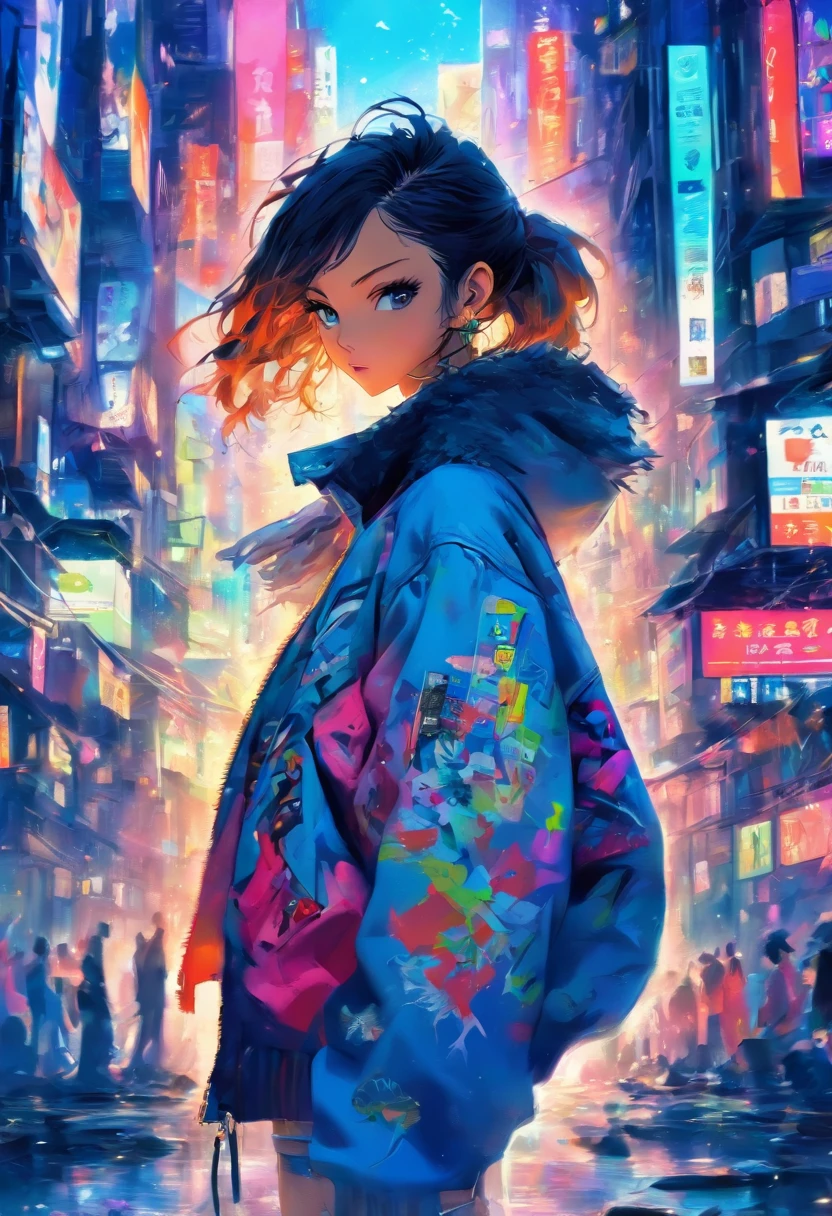 Best quality, A high resolution, A beauty stood up,exposing your navel ,garments, garments, Vetements blue large shape destroyed jeans,Vetements graffiti-print bomber jacket,Avant-garde accessories, Balenciaga's artistic style,Big-breasted girl,Long legs,dewpoint