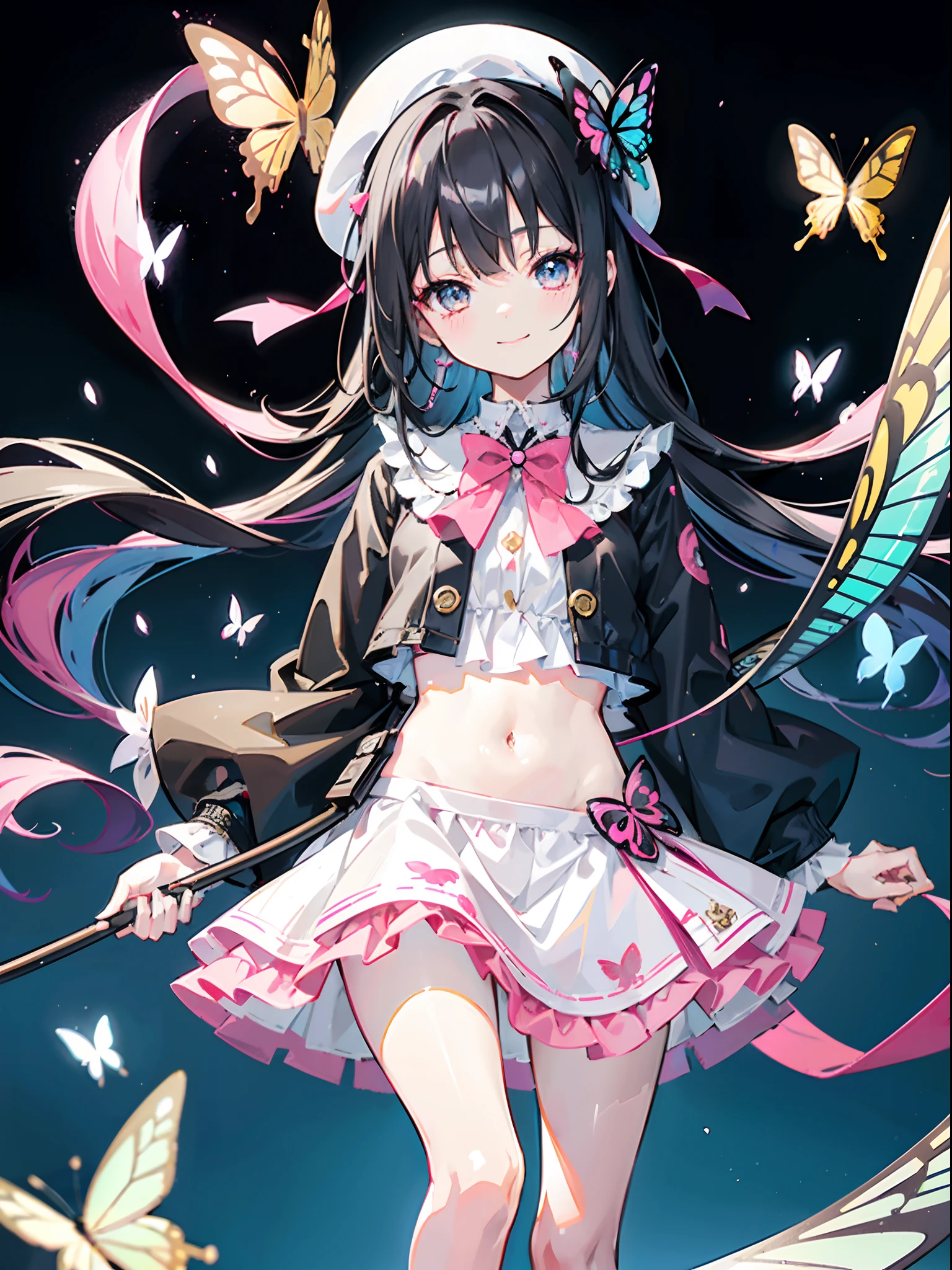 masutepiece, Best Quality, 1 girl, 10 years old, Black hair, Long hair, Yeloise, Clothes that show the stomach, beret, Big black and pink butterfly hair ornament on his head, white and gray dress, Smiling, opened_bocchi, Floating Blue Stick, Floating Red Stick, Floating Yellow Stick, Ultra Detail, delicate illustration,