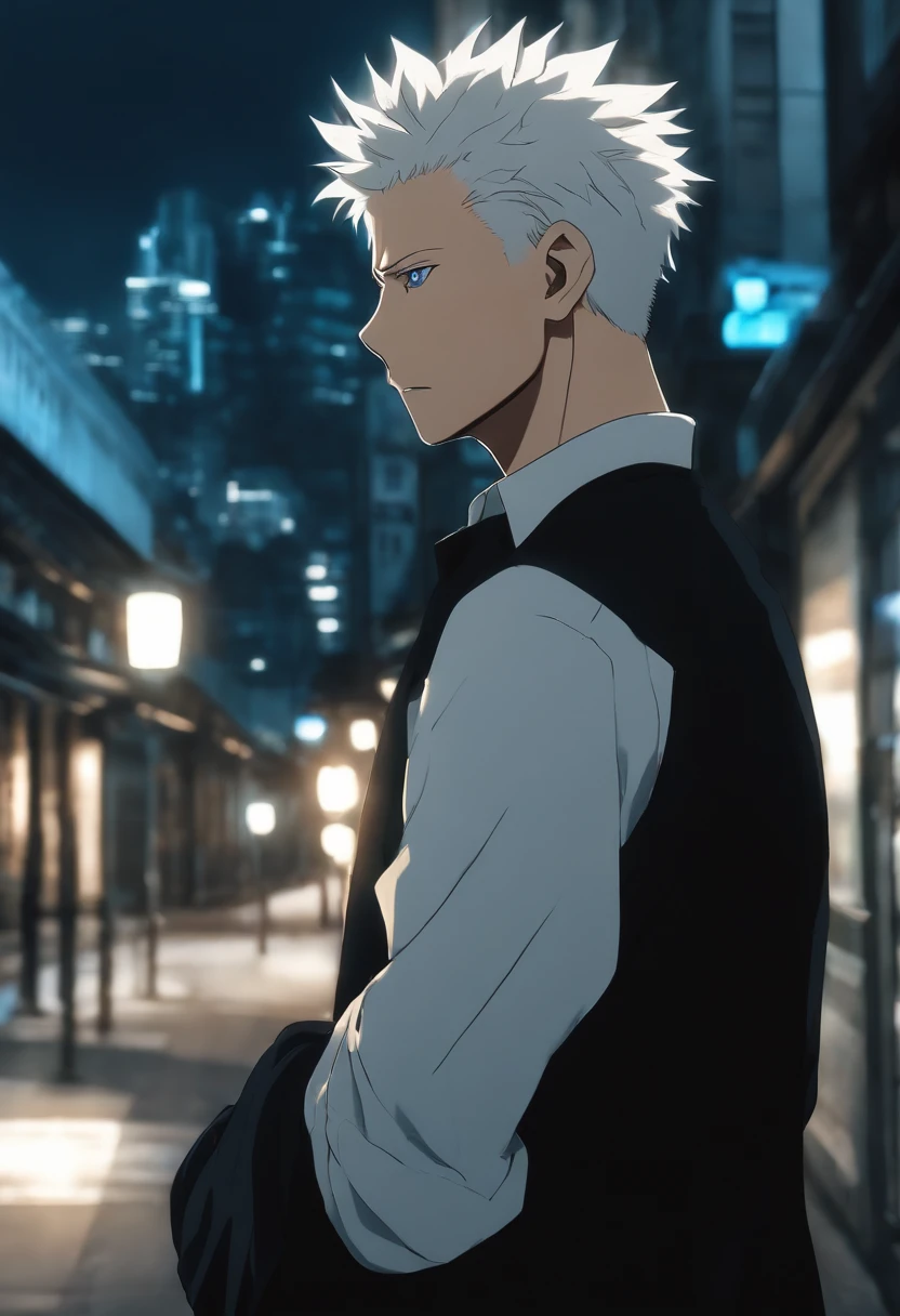 gojo satoru, jujutsu  kaisen, anime, in the city, amazing, focused, ray of light, blue eyes, white hair, black shirt.