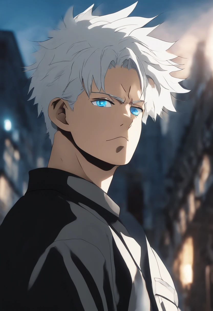 gojo satoru, jujutsu  kaisen, anime, in the city, amazing, focused, ray of light, blue eyes, white hair, black shirt.