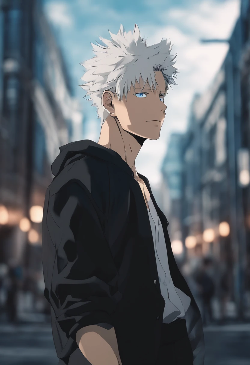 gojo satoru, jujutsu kaisen, anime, in the city, amazing, focused, ray of light, blue eyes, white hair, black shirt.