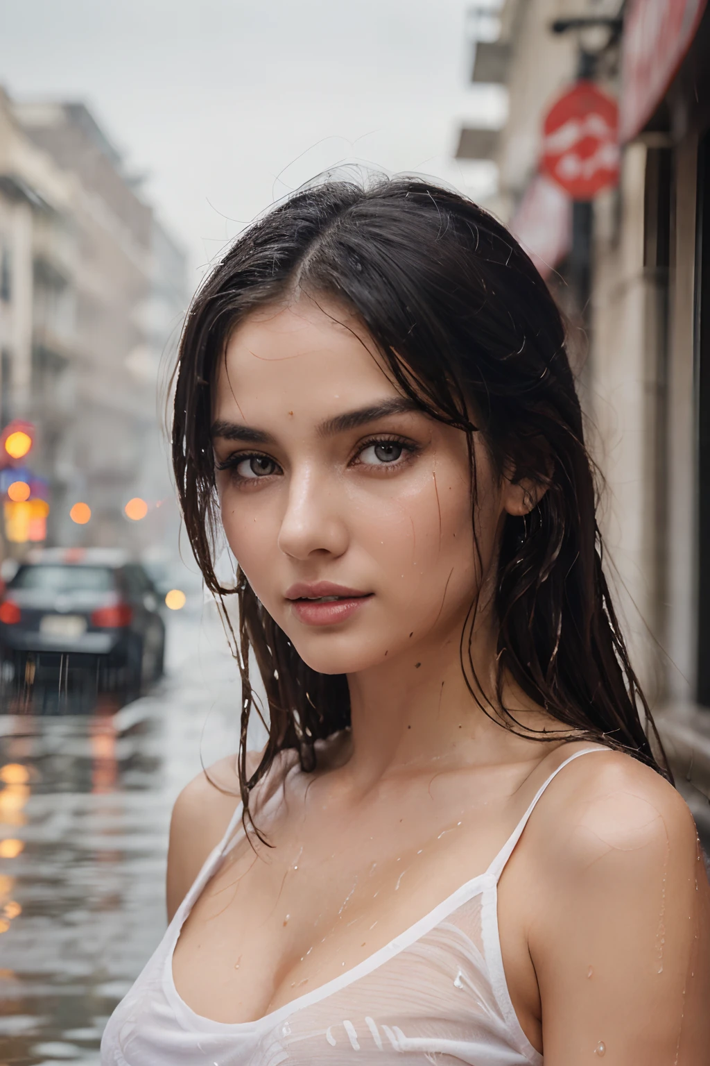 top-quality, ​masterpiece, 超A high resolution, Photorealsitic, Raw foto, ((one beautiful women)), 22year old, Detailed face, beautidful eyes, depth of fields, the city street, Wet in the rain, White T-shirt with V-neck, Wet and see-through t-shirt, small tits, Faint lips, wetting hair, a wet body, water drop on the skin, (See the viewer's eyes)