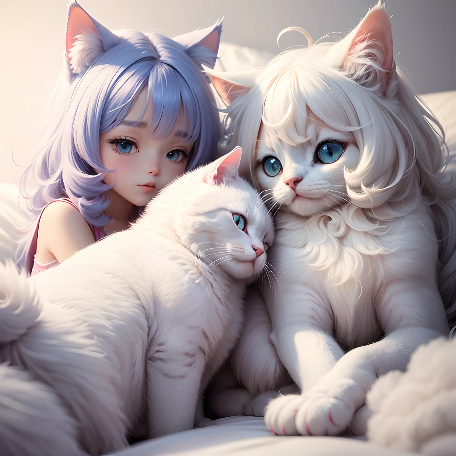 A cat and a dog with fluffy hair like cotton candy are playing in a white room、Cute