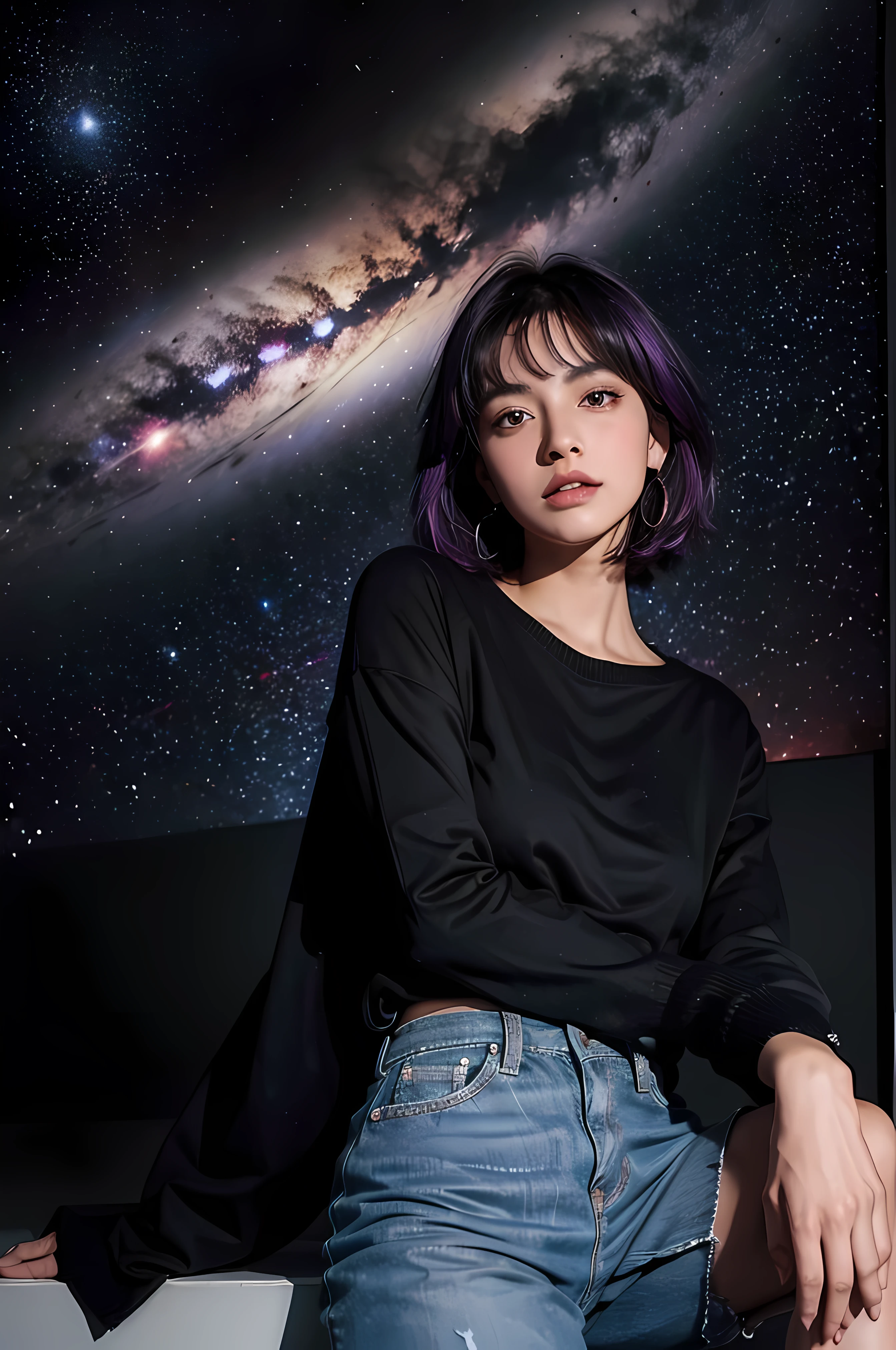 1girl, Pelo violeta corto con estrellas, ojos violeta con estrellas, con camisa negra holgada, pantalones holgados color negro, espacio, high resolusion, ultrasharp, 8k, Obra maestra, Mirando al espectador, enfoque a la cara