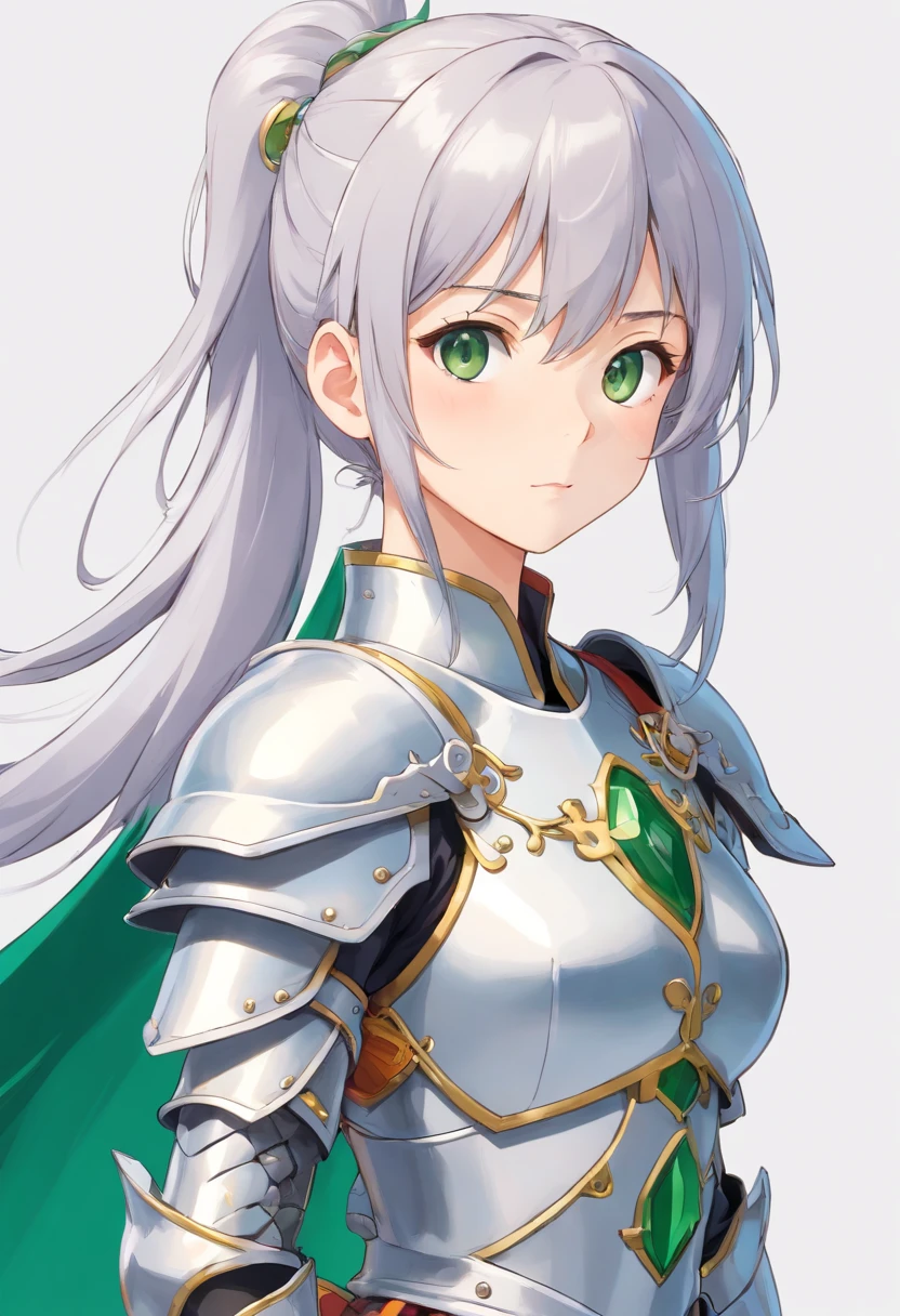 （8K，Best quality，style of anime），Ancient European realistic style armor，Silver-haired female knight，Green emerald pupils，High ponytail，Wearing silver-white armor，Delicate facial features，The drawing style is similar to that of characters in anime，You can see the whole body，with a pure white background，Character design，quadratic element，Include a small amount of introductory text，Three views of people