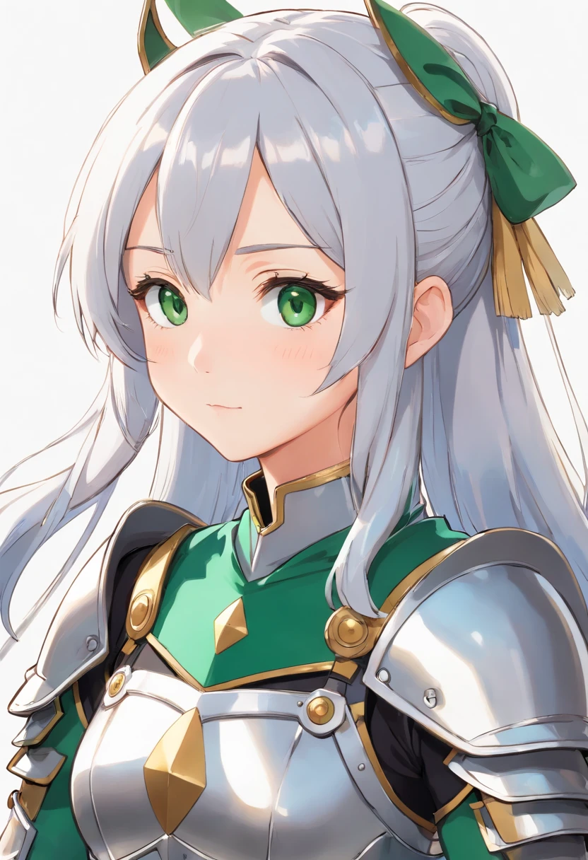 (8K,Best quality,style of anime),Ancient European realistic style armor,Silver-haired female knight,Green emerald pupils,High ponytail,Wearing silver-white armor,Delicate facial features,The drawing style is similar to that of characters in anime,You can see the whole body,with a pure white background,Character design,quadratic element,Include a small amount of introductory text,Three views of people