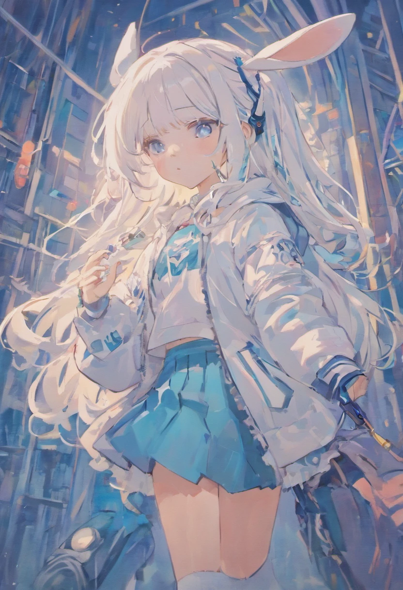 White hair,Lolita skirt, girl , white techwear open jacket , white long hair, ocean blue eyes, rabbit design bag , headset on neck