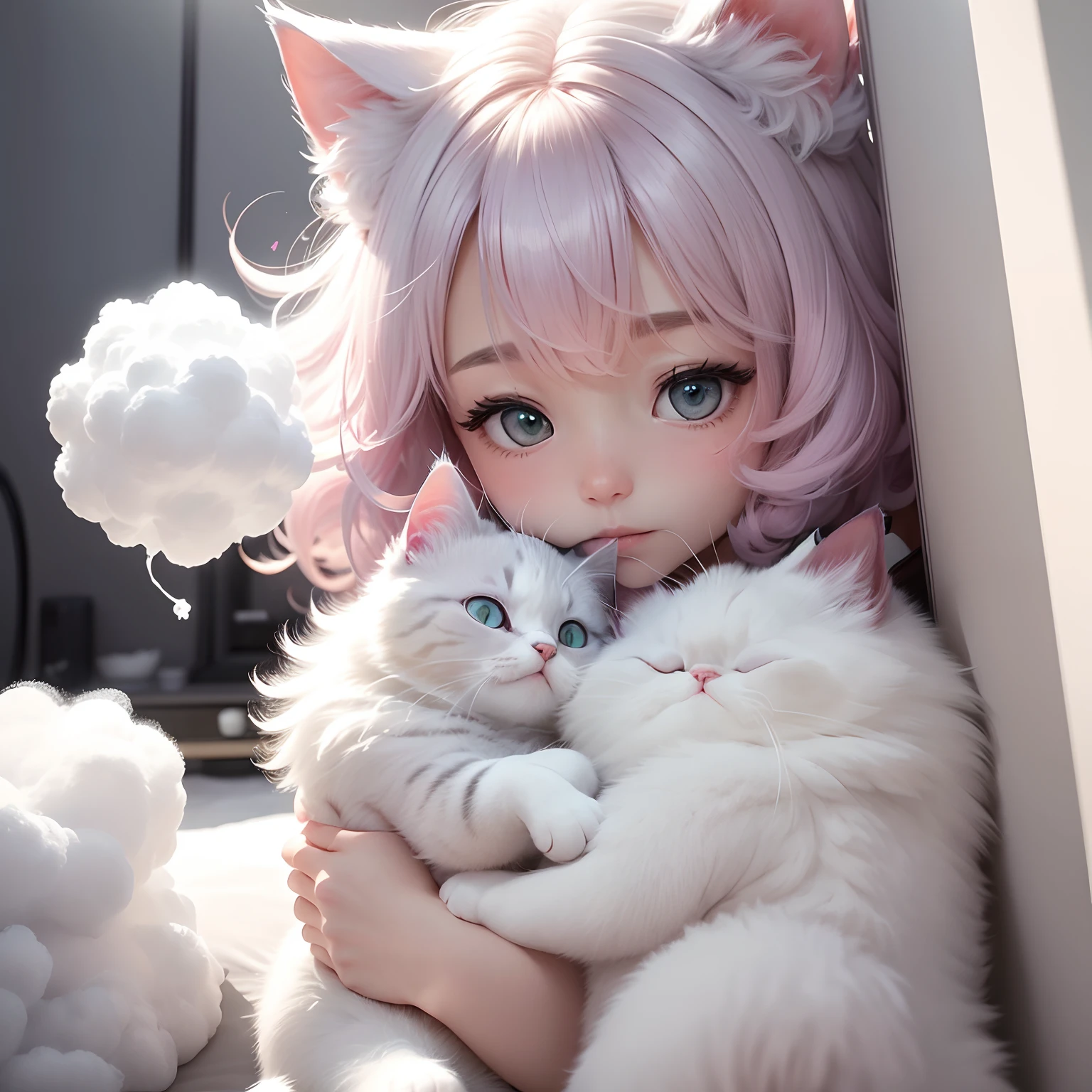 A cat and a dog with fluffy hair like cotton candy are playing in a white room、Cute