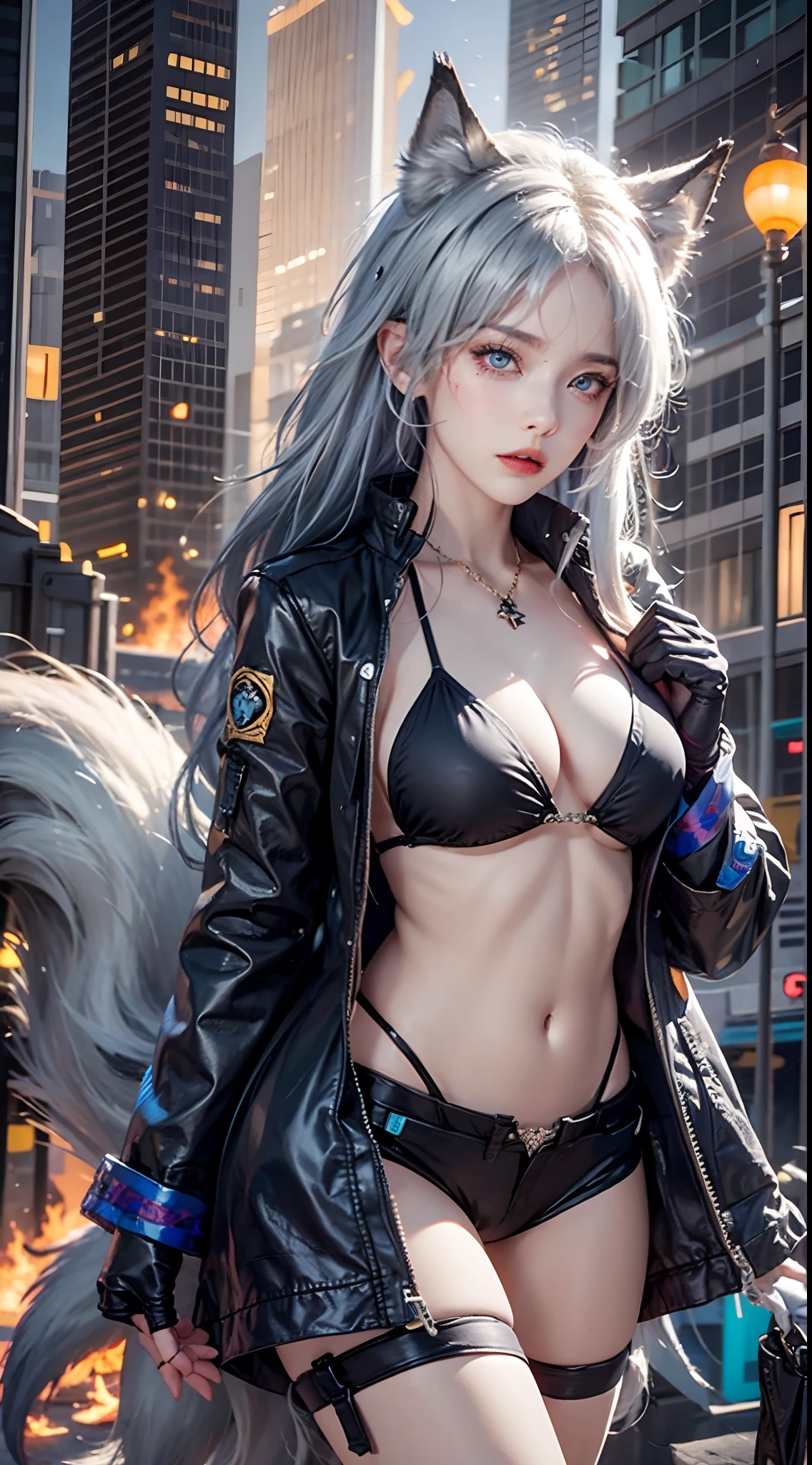 photorealistic, masterpiece, high resolution, soft light, mature female, blue eyes, hips up, hairpiece, lappland, arknights, destroyed city background, buildings on fire, pale, wolf girl, animal ears, scar, white fingerless gloves, black jacket, bikini, (tail, fluffy tail), tattoo, wolves, long white hair, black shorts