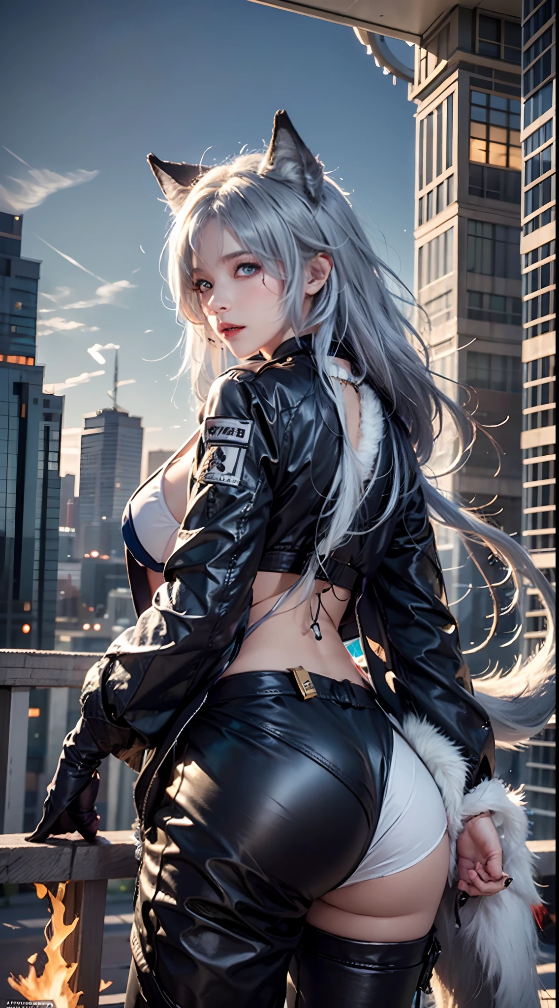 photorealistic, masterpiece, high resolution, soft light, mature female, blue eyes, hips up, hairpiece, lappland, arknights, destroyed city background, buildings on fire, pale, wolf girl, animal ears, scar, white fingerless gloves, black jacket, bikini, (tail, fluffy tail), tattoo, wolves, long white hair, black shorts