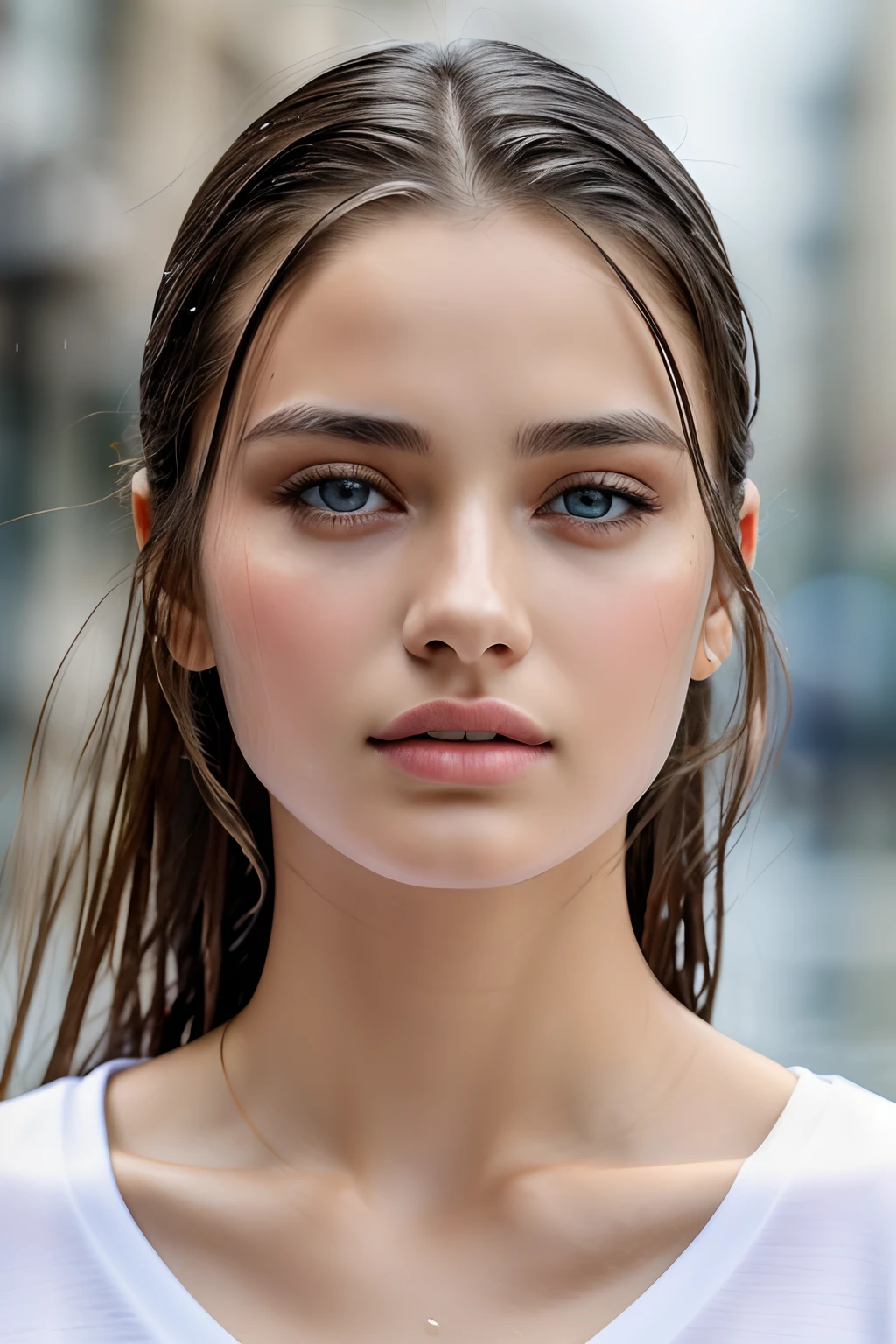 top-quality, ​masterpiece, 超A high resolution, Photorealsitic, Raw foto, ((one beautiful women)), 22year old, Detailed face, beautidful eyes, depth of fields, the city street, Wet in the rain, White T-shirt with V-neck, Wet and see-through t-shirt, small tits, Faint lips, wetting hair, a wet body, water drop on the skin, (See the viewer's eyes)