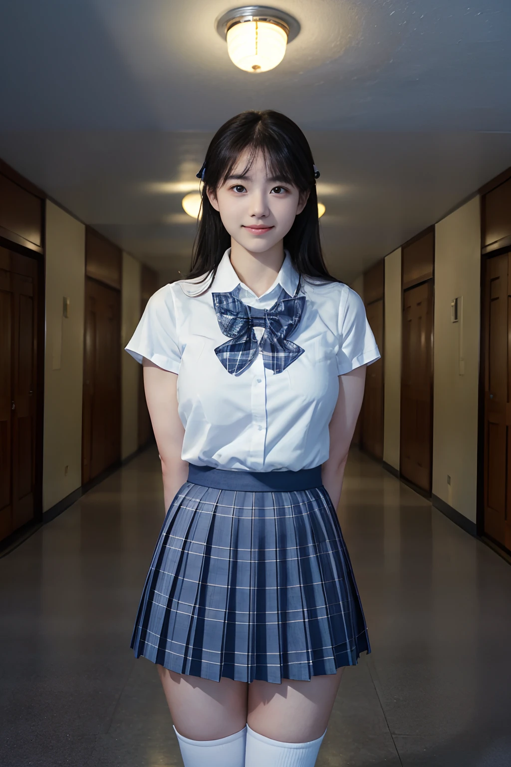 (Raw photography:1.5),(top-quality:1.5)、(masuter piece:1.5)、(hight resolution:1.5)、(Raw photography:1.5),(Photorealsitic:1.38)、(foco nítido:1.5)、
japanes、17 only、One girl、((Cowboy Shots:1.2)),((Body Like a Male Bodybuilder:1.8))、((Height at which the head can enter the ceiling:1.8)),((Thick arms with sculpted muscles:1.28)),((long legged:1.4)),((Sculpted muscular thick thighs:1.65)),((large full breasts:1.2))、
((fair white skin))、
((Delicate and perfect beautiful face,beatiful detailed eyes、big eye、二重まぶた、Smiling))、
((Japan schoolgirl uniform、White short-sleeved shirt、a bow tie、Navy Blue Plaid Pleated Skirt、Dark blue high socks:1.2)),((hime-cut)),
((Stand your arms and hands next to your body:1.2))、
((school hallway))、
looking at the viewers、Facing the audience,The dim、