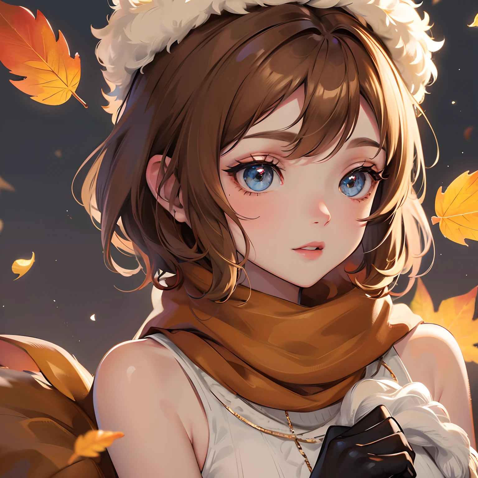 finest image, portrait, very cute girl, light brown glossy pixie cut, sparkling big eyes, scarf, gloves, fluffy sweater, background fallen leaves and chestnuts are covered with autumn leaves, professional lighting