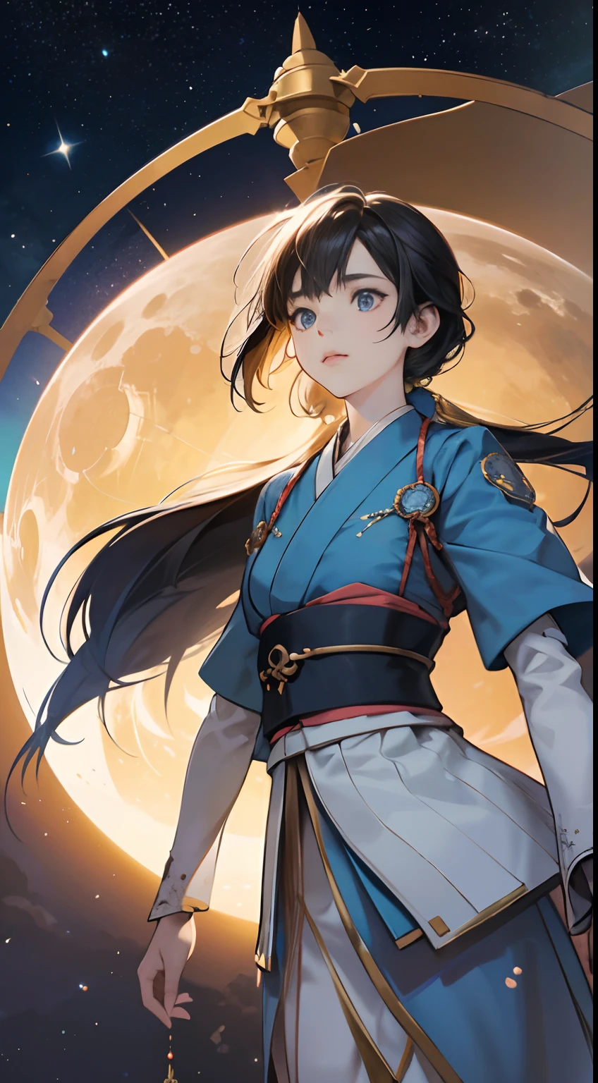 Richard Doyle, Japanese Anime, Surreal Mysterious Weird Fantastic Sci-fi Fantasy Fantasy, Solo Girl, Celestial Sphere Blueprint Perspective,  Perspective Cross-section, Diagram Perspective, Planet Moon Sun Comet 3D Drawing, hyperdetailed high resolution high definition high quality masterpiece