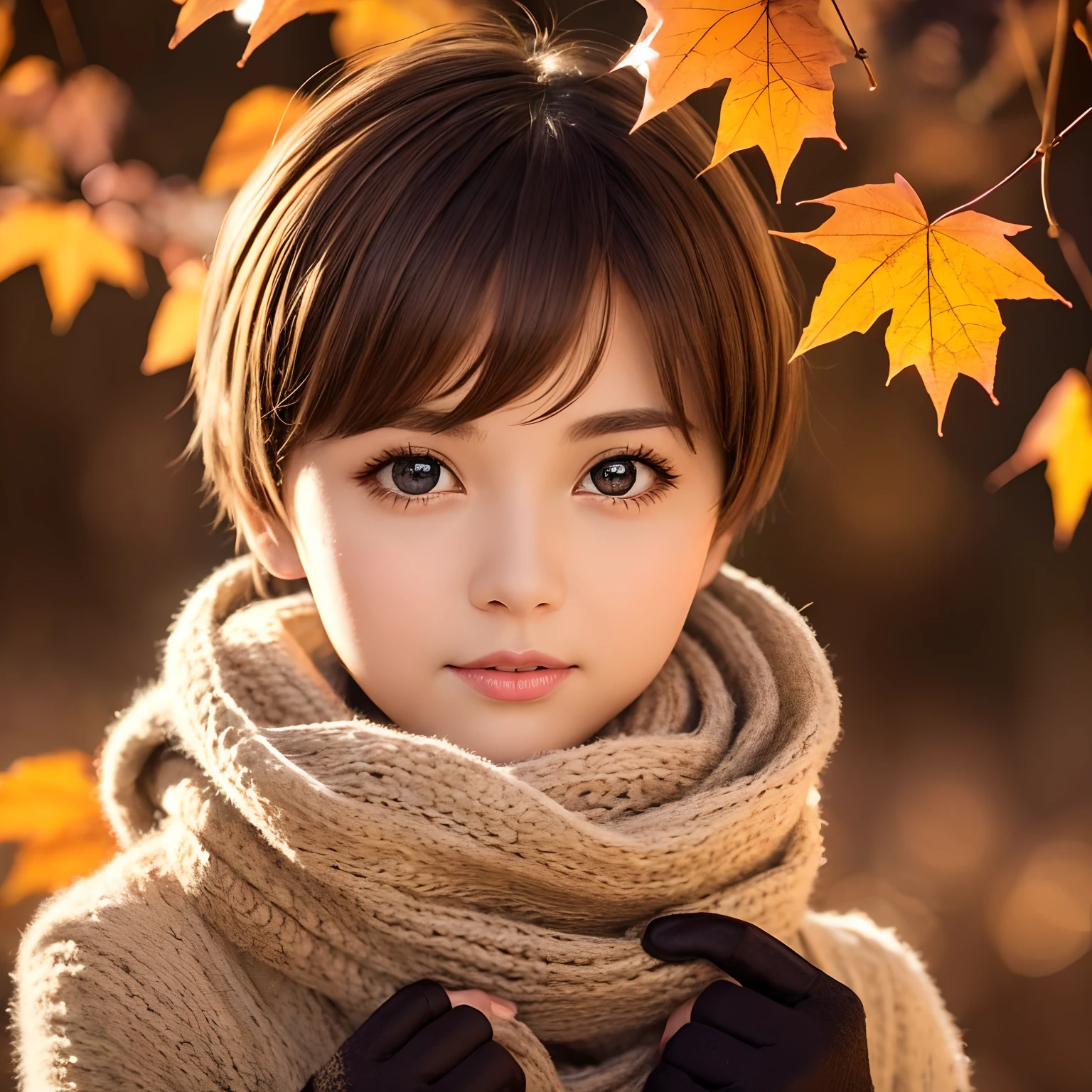 finest image, portrait, very cute girl, light brown glossy pixie cut, sparkling big eyes, scarf, gloves, fluffy sweater, background fallen leaves and chestnuts are covered with autumn leaves, professional lighting