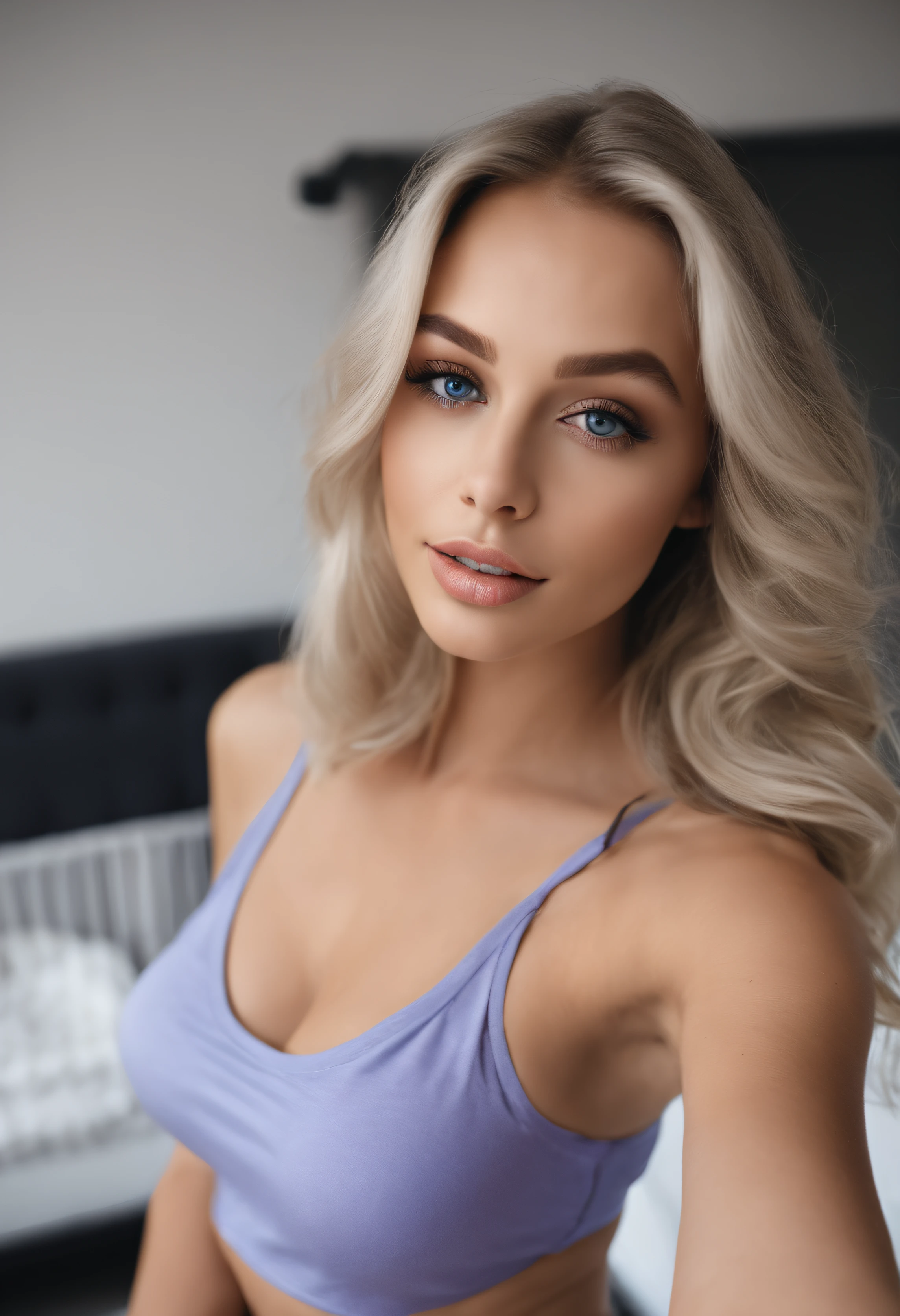 woman with matching tank top and panties, Sexy girl with blue eyes, portrait sophie mudd, portrait corinna kopf, blonde hair and large eyes, Selfie einer jungen Frau, Augen im Schlafzimmer, Violet Myers, ohne Make-up, Natural makeup, Blick direkt in die Kamera, Gesicht mit Artgram, dezentes Make-up, Stunning full body shot, im Schlafzimmer, Spaltung